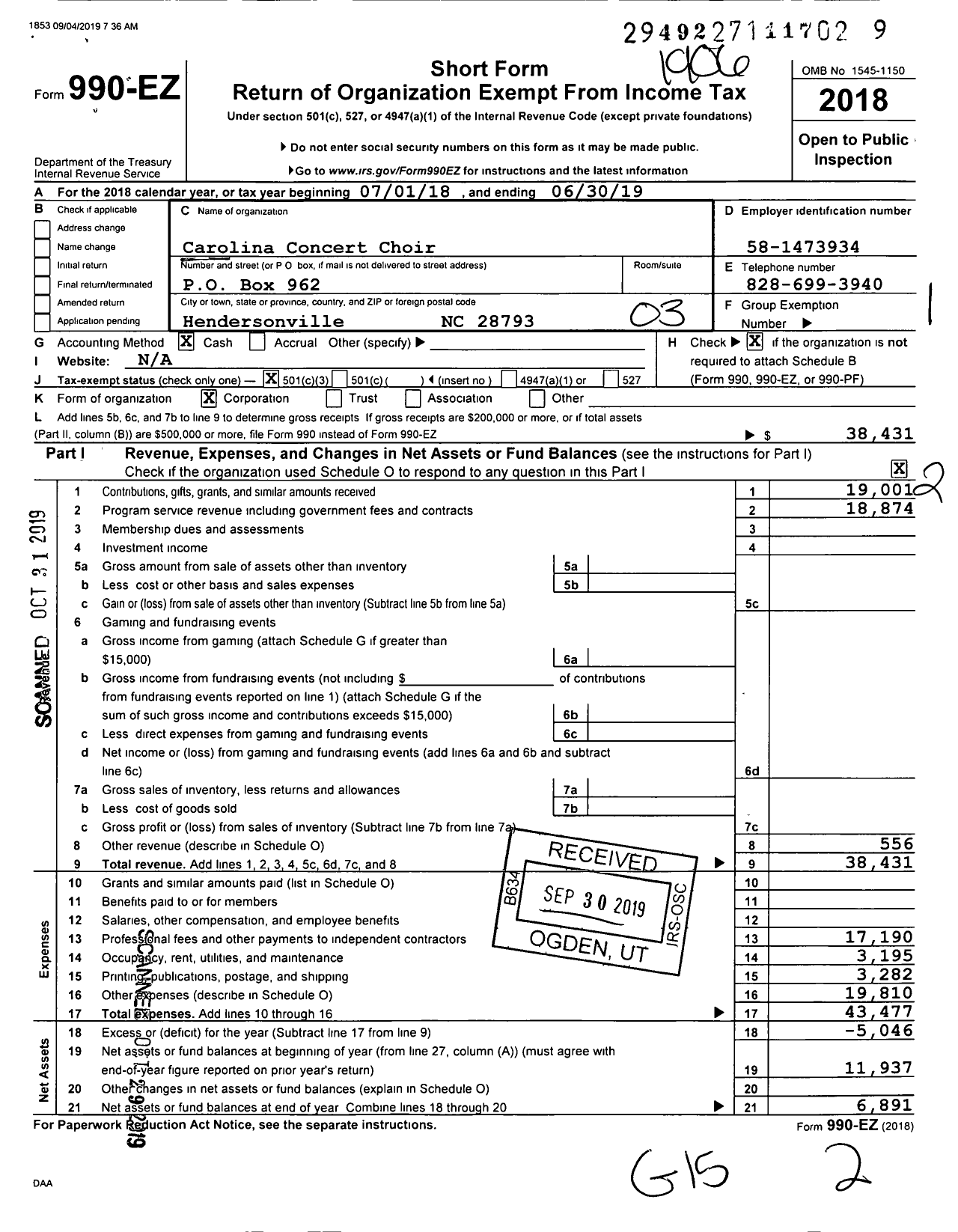 Image of first page of 2018 Form 990EZ for Carolina Concert Choir