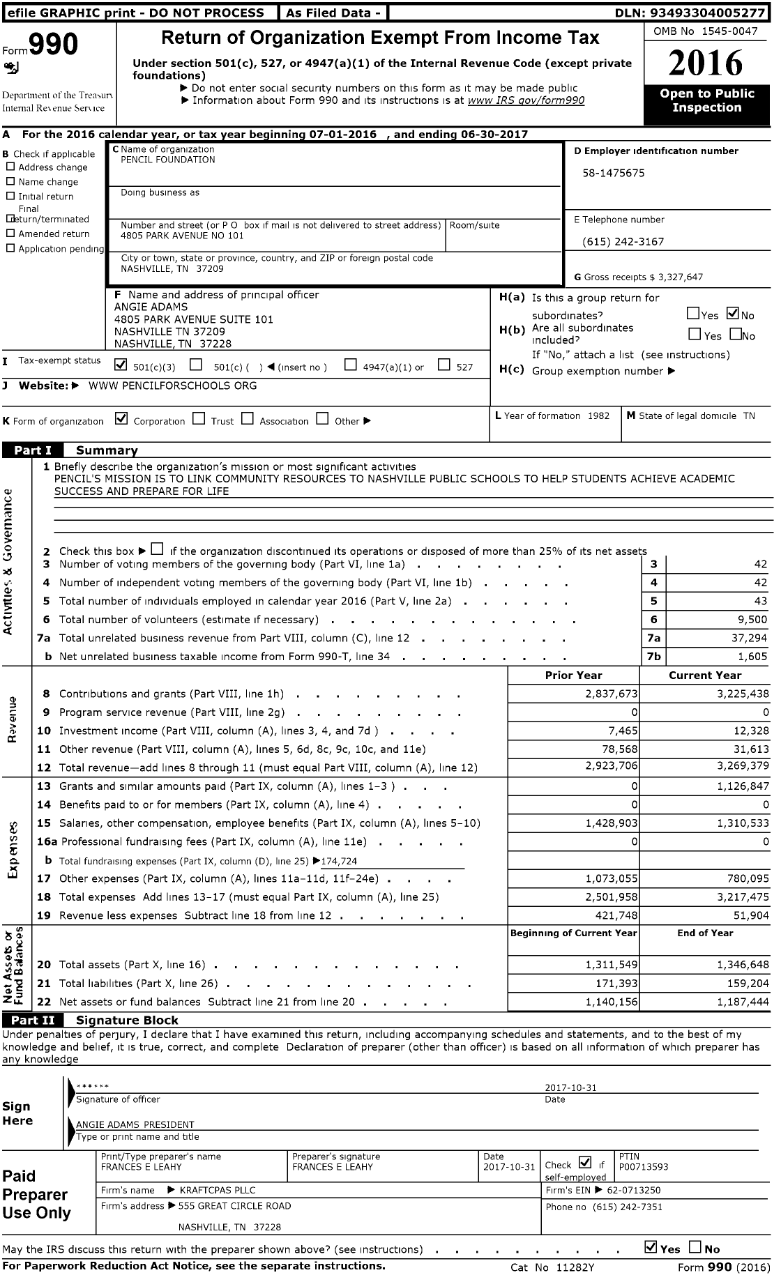 Image of first page of 2016 Form 990 for Pencil Foundation