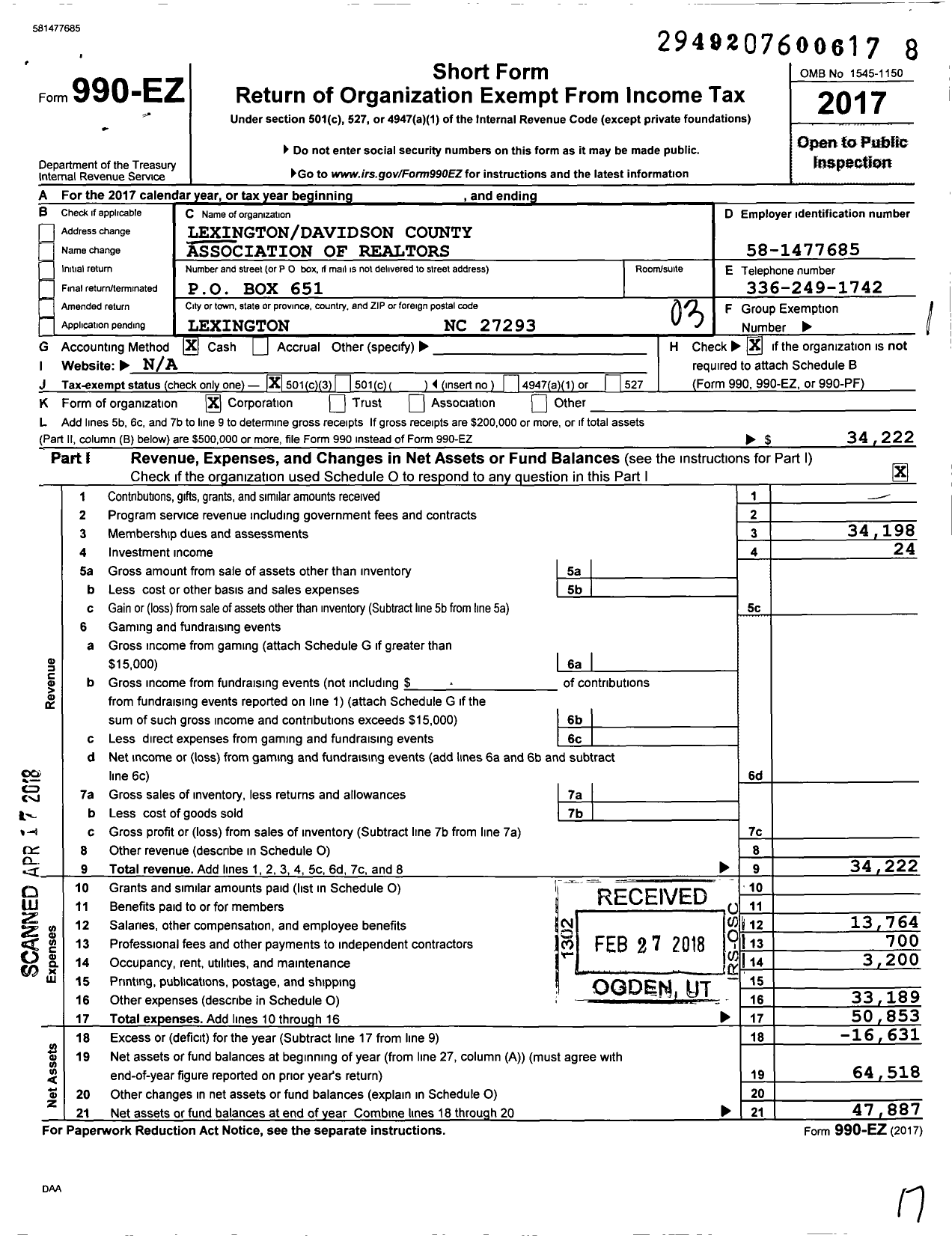 Image of first page of 2017 Form 990EZ for Lexington Davidson County Association of Realtors