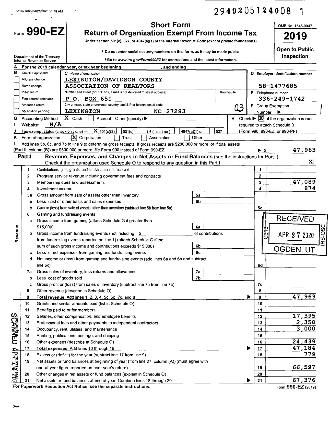 Image of first page of 2019 Form 990EZ for Lexington Davidson County Association of Realtors