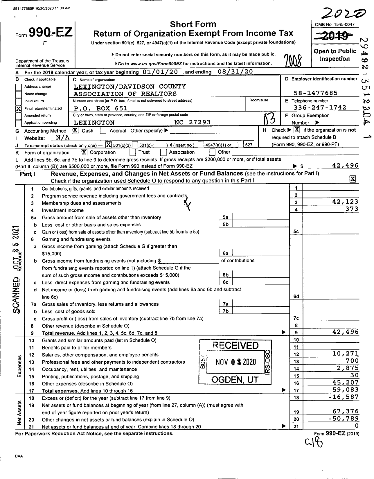 Image of first page of 2019 Form 990EZ for Lexington Davidson County Association of Realtors