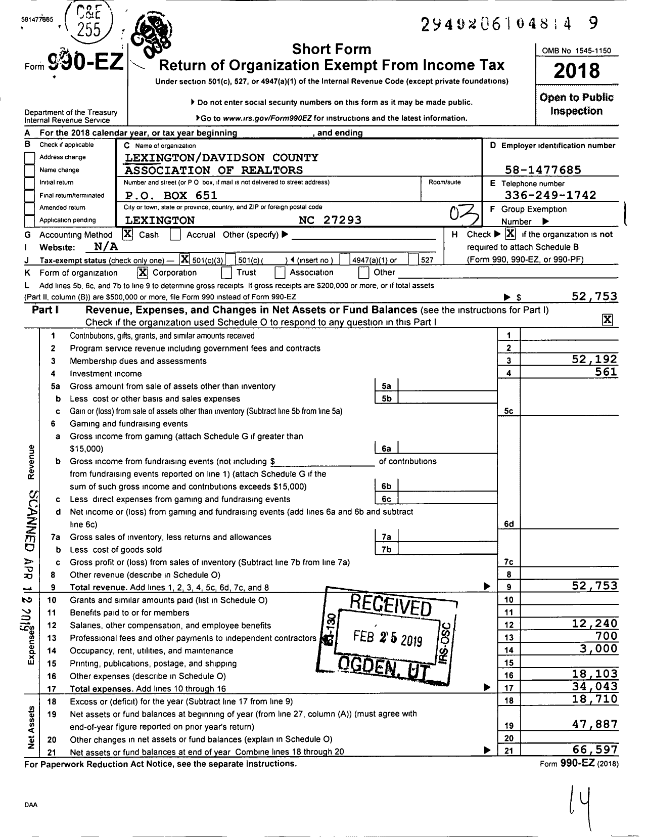 Image of first page of 2018 Form 990EZ for Lexington Davidson County Association of Realtors