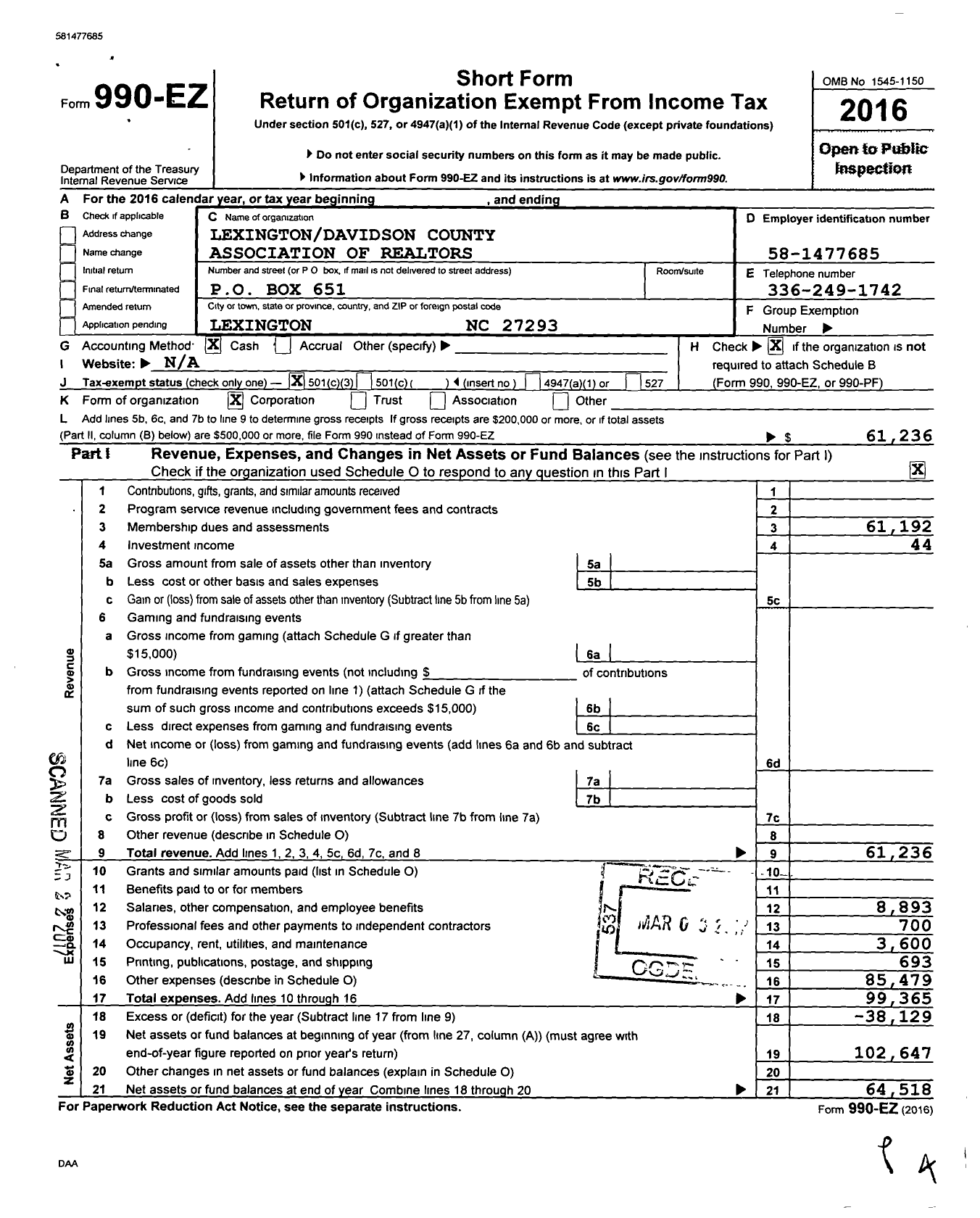 Image of first page of 2016 Form 990EZ for Lexington Davidson County Association of Realtors