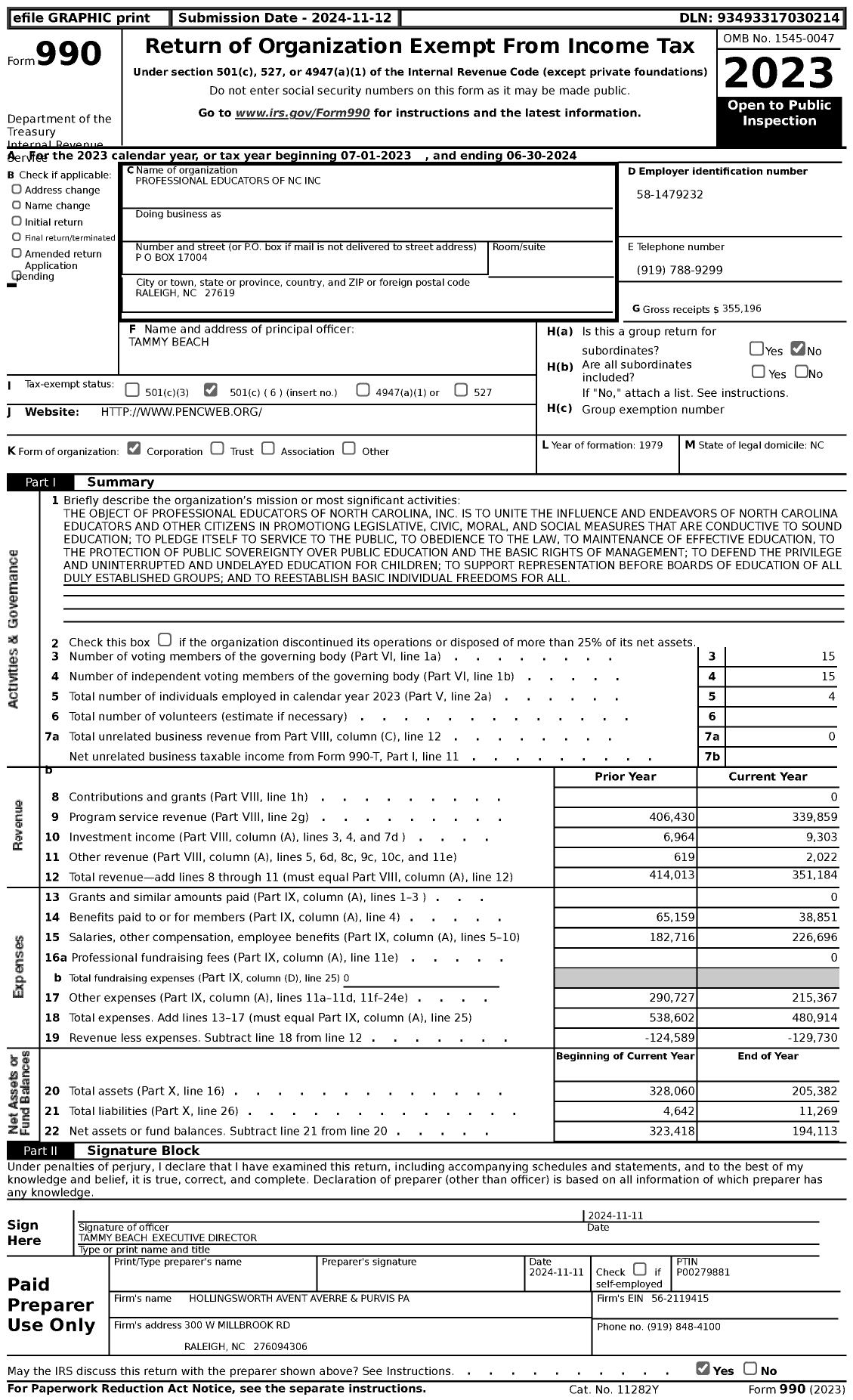 Image of first page of 2023 Form 990 for Professional Educators of NC
