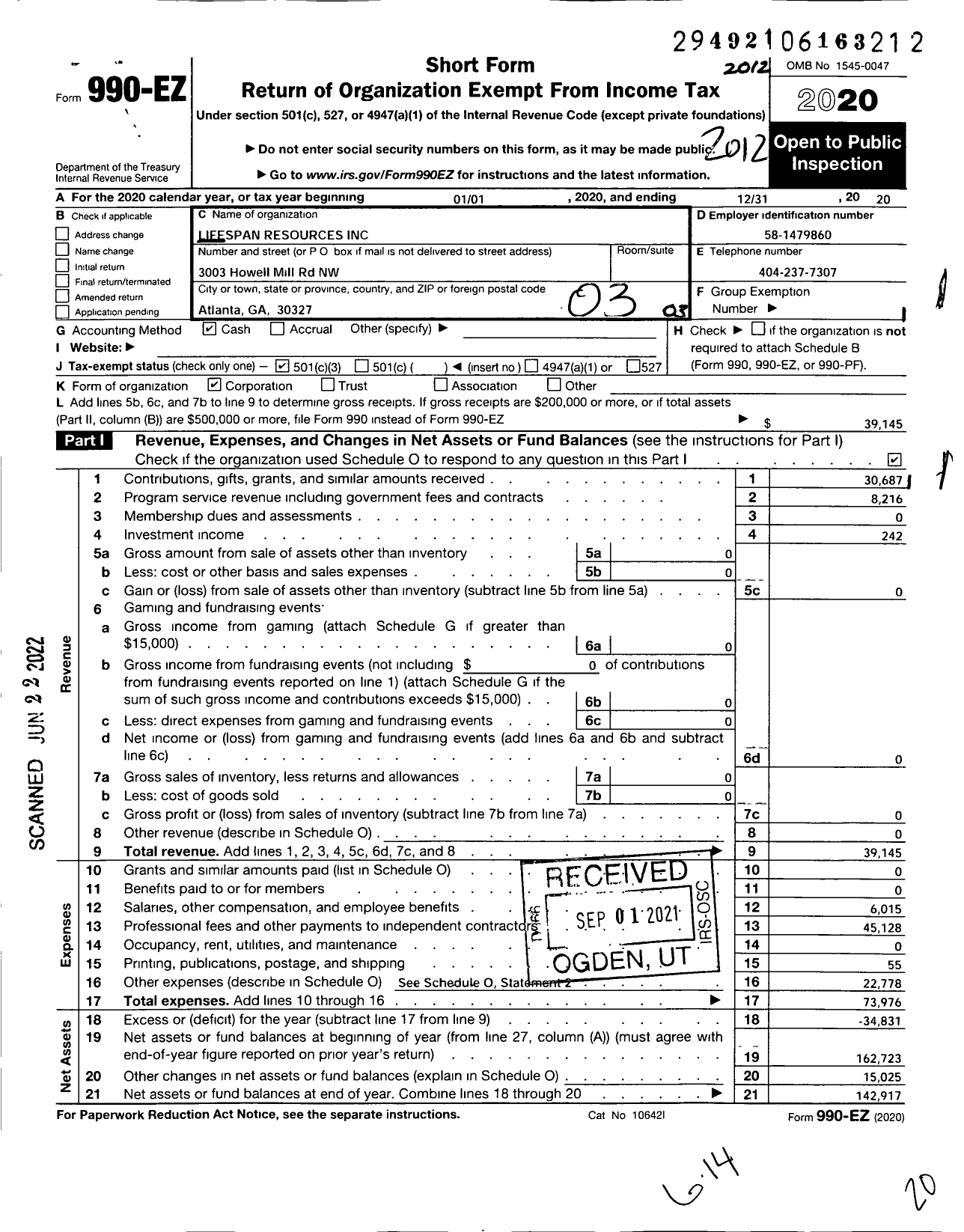 Image of first page of 2020 Form 990EZ for Lifespan Resources