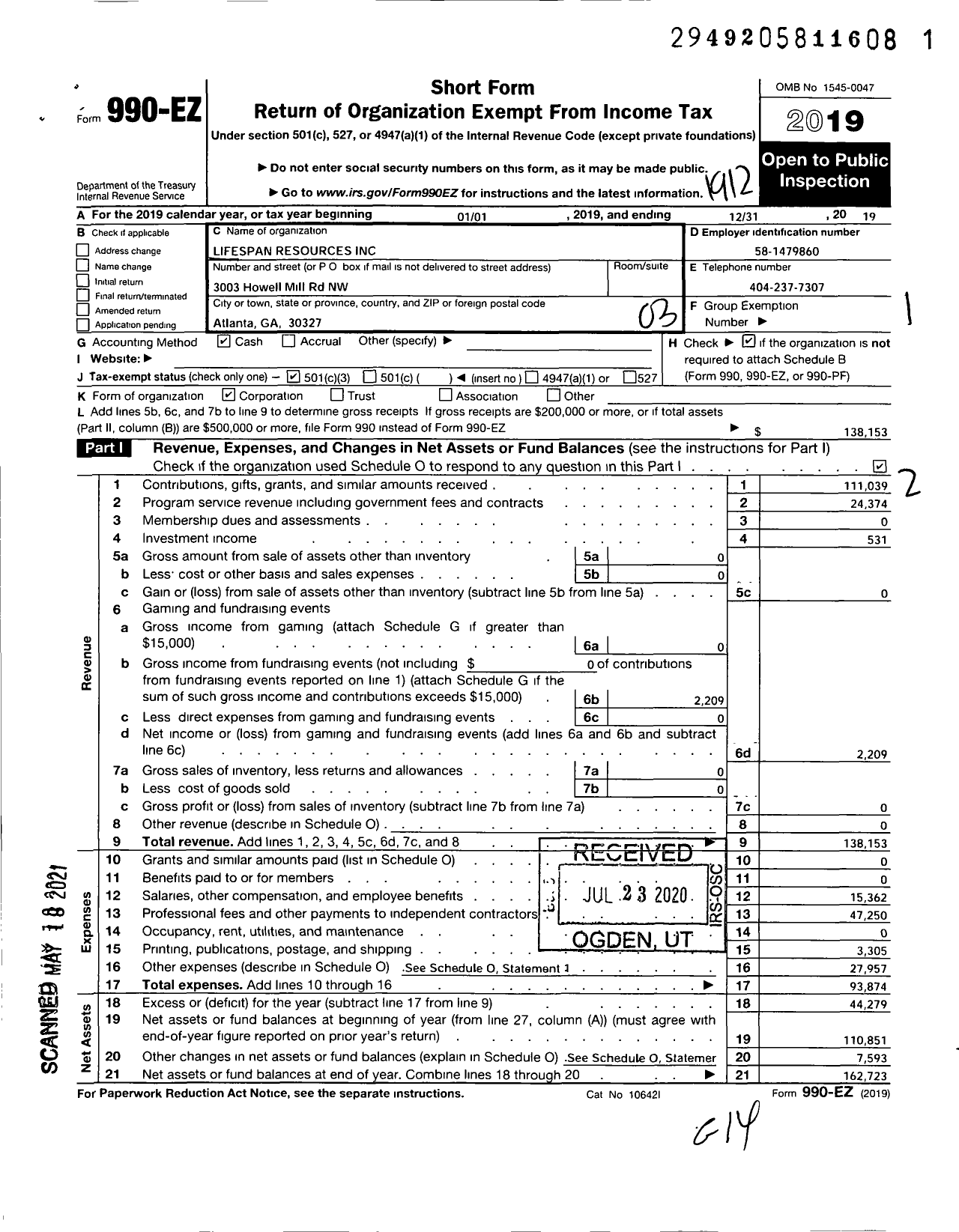 Image of first page of 2019 Form 990EZ for Lifespan Resources