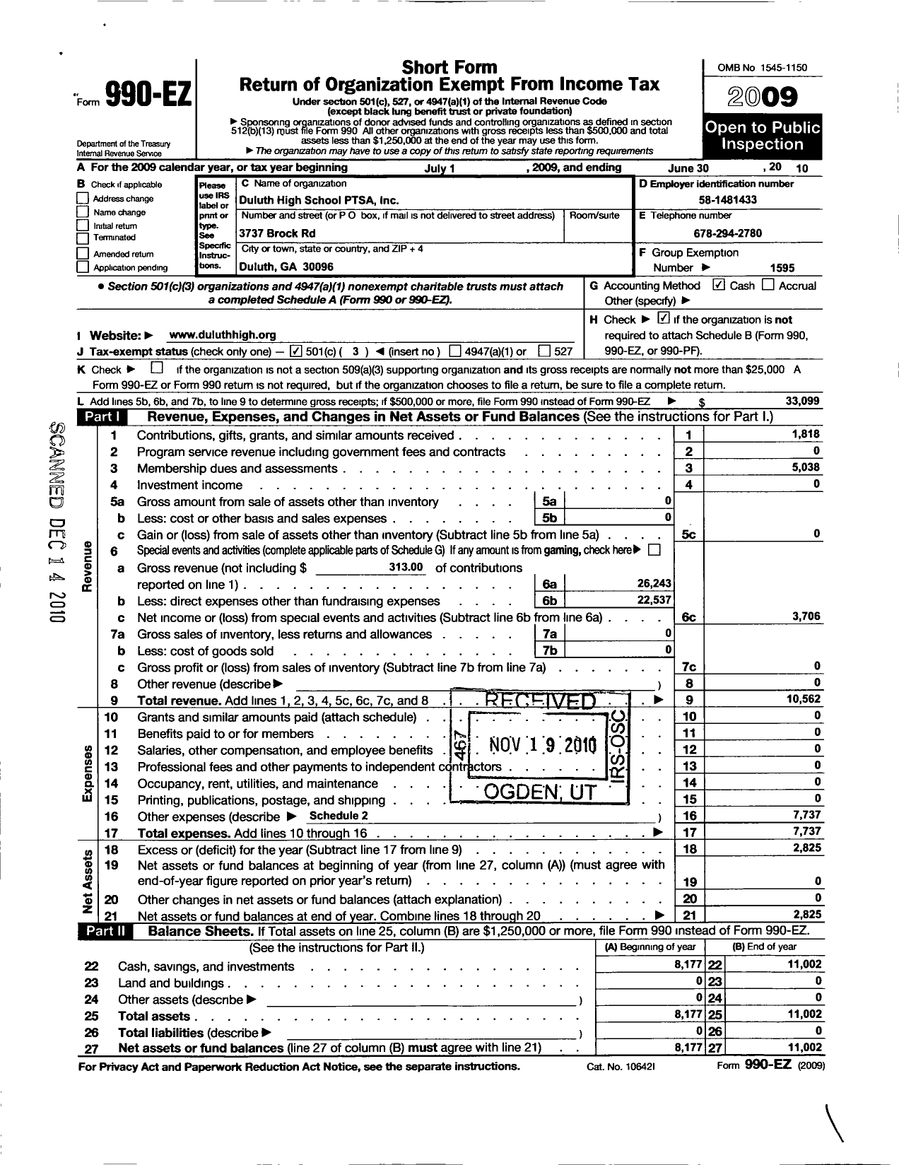 Image of first page of 2009 Form 990EZ for Georgia PTA - Duluth High PTSA