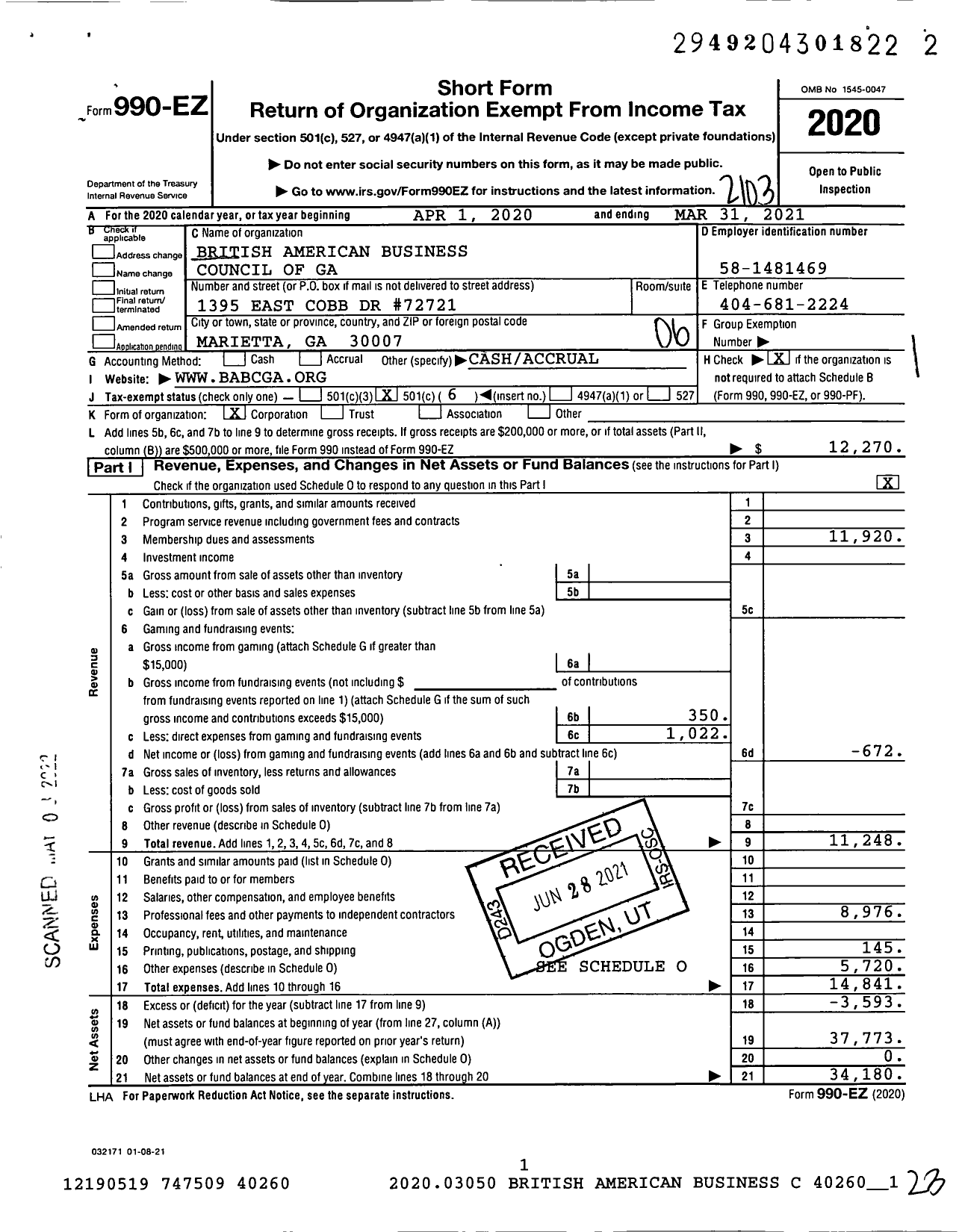 Image of first page of 2020 Form 990EO for Bristish American Business Council of GA