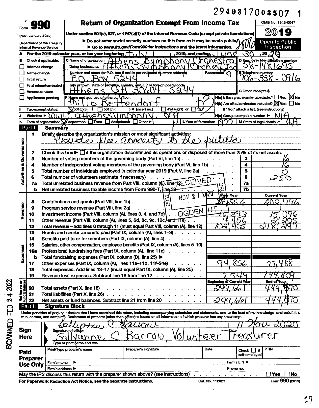 Image of first page of 2019 Form 990 for Athens Symphony Orchestra