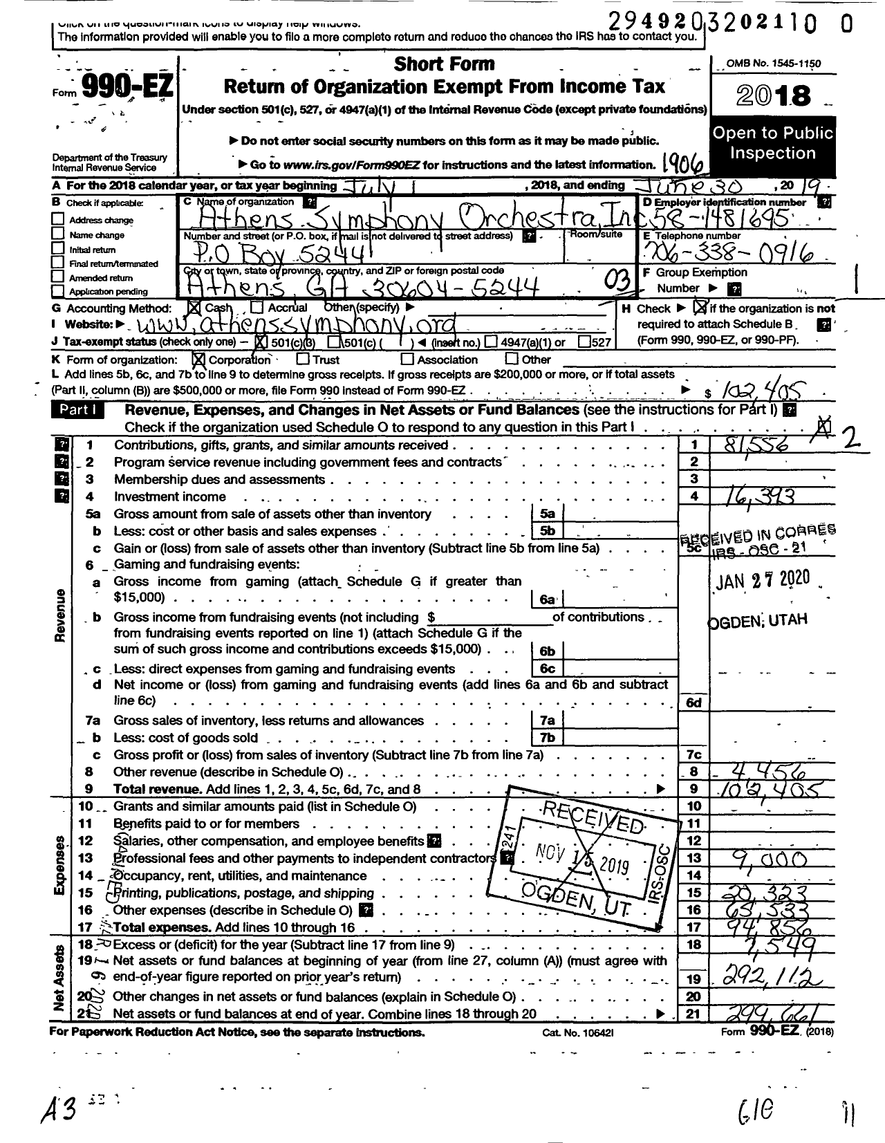 Image of first page of 2018 Form 990EZ for Athens Symphony Orchestra