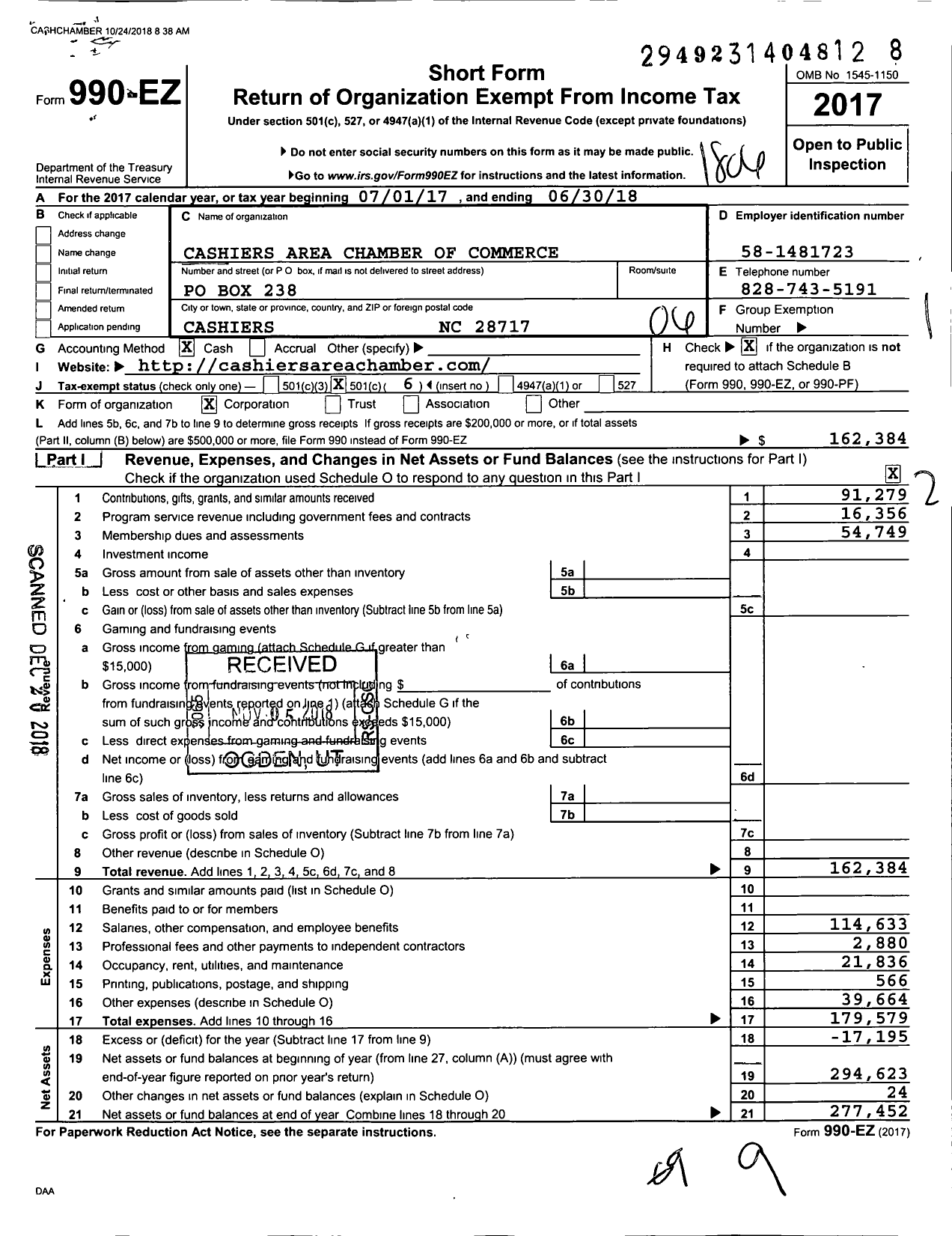 Image of first page of 2017 Form 990EO for Cashiers Area Chamber of Commerce