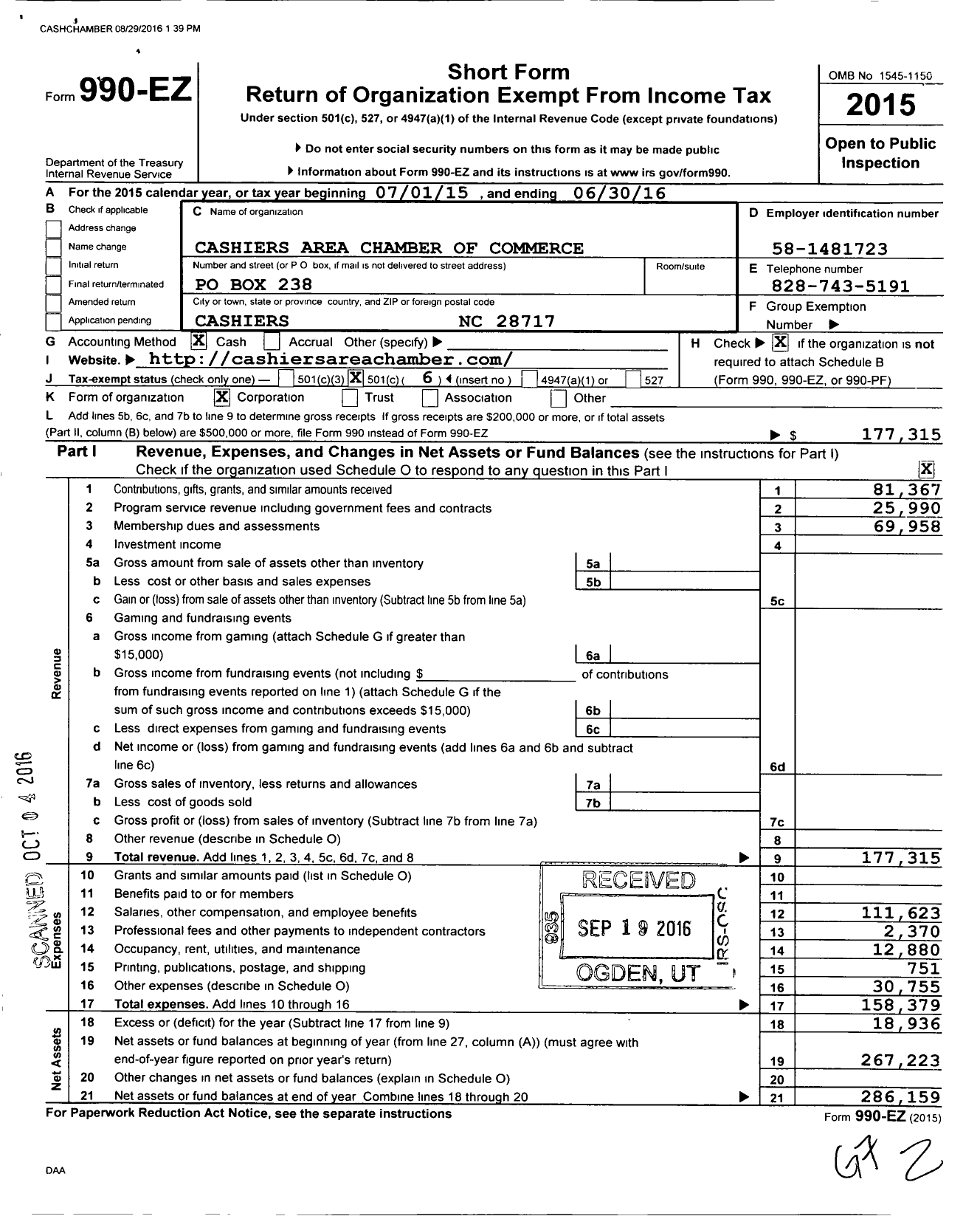 Image of first page of 2015 Form 990EO for Cashiers Area Chamber of Commerce