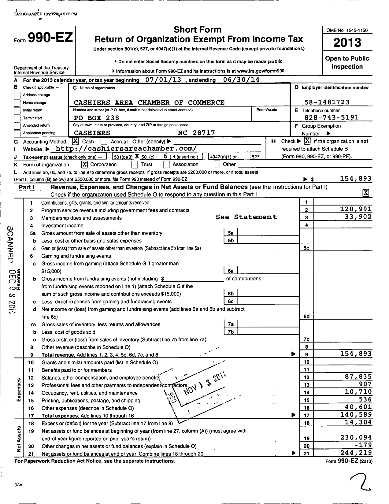 Image of first page of 2013 Form 990EO for Cashiers Area Chamber of Commerce