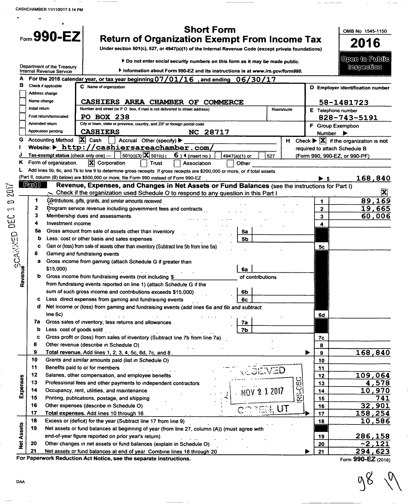 Image of first page of 2016 Form 990EO for Cashiers Area Chamber of Commerce