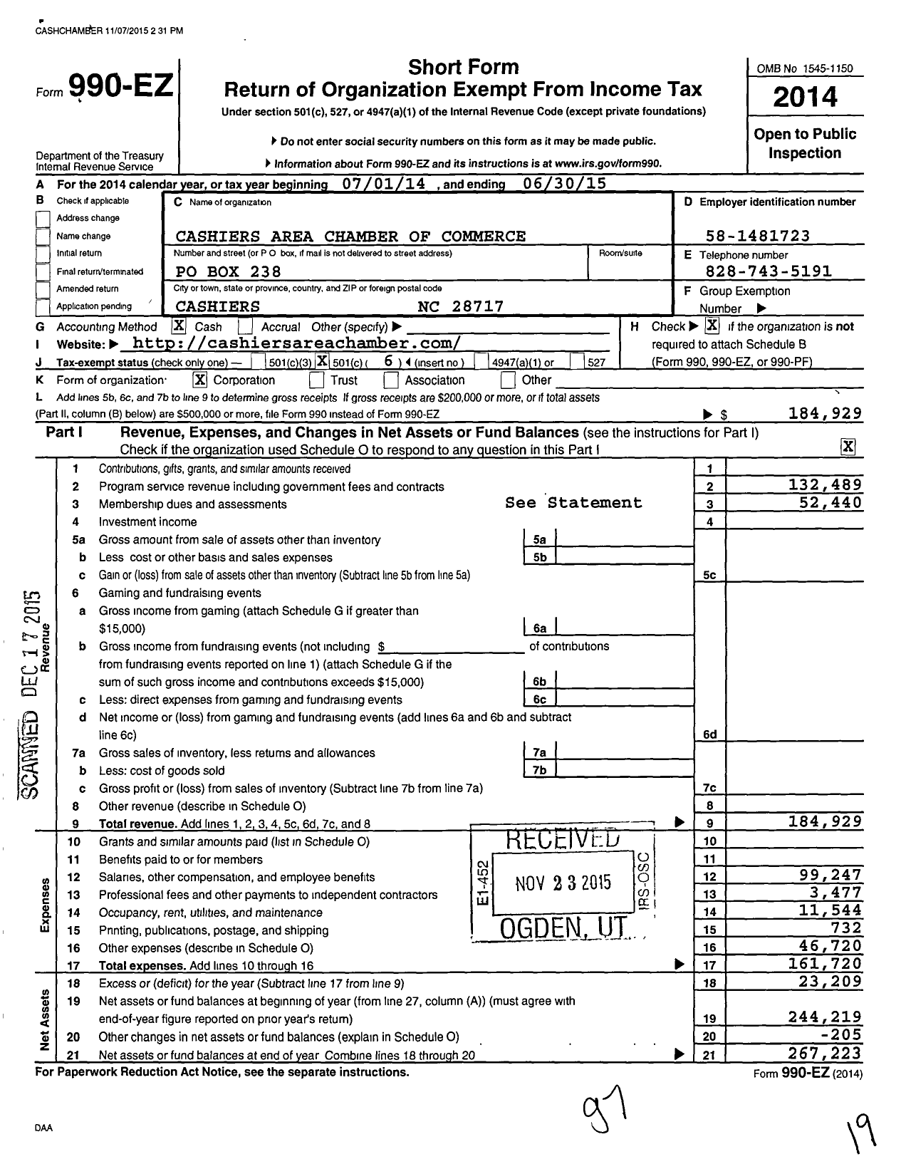 Image of first page of 2014 Form 990EO for Cashiers Area Chamber of Commerce