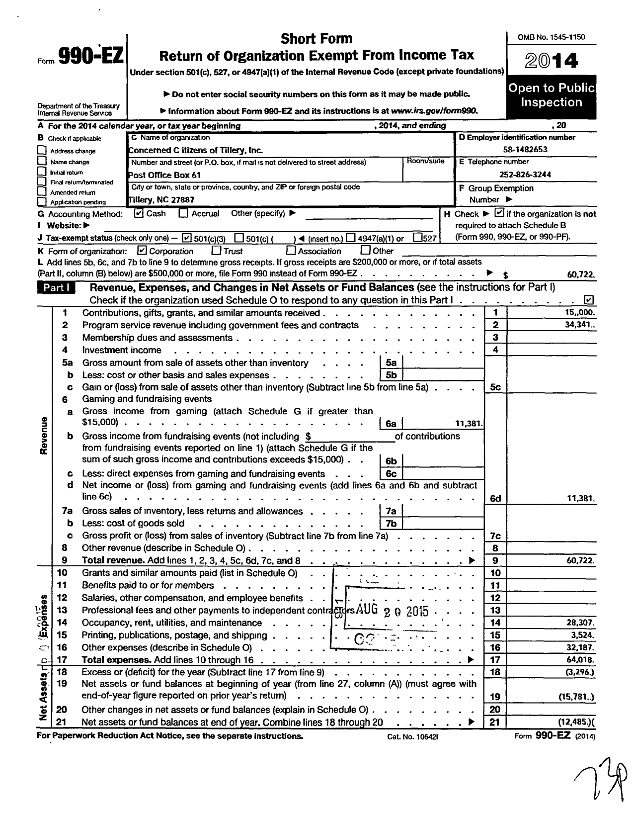 Image of first page of 2014 Form 990EZ for Concerned Citizens of Tillery