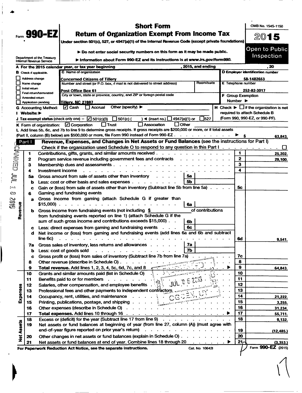 Image of first page of 2015 Form 990EZ for Concerned Citizens of Tillery