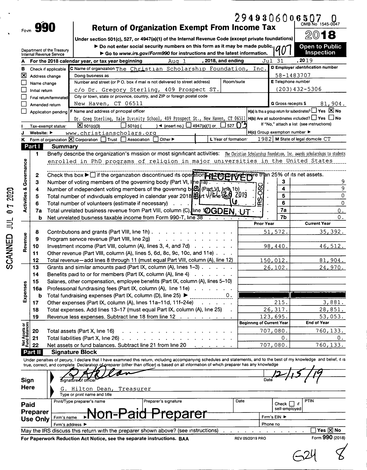 Image of first page of 2018 Form 990 for The Christian Scholarship Foundation