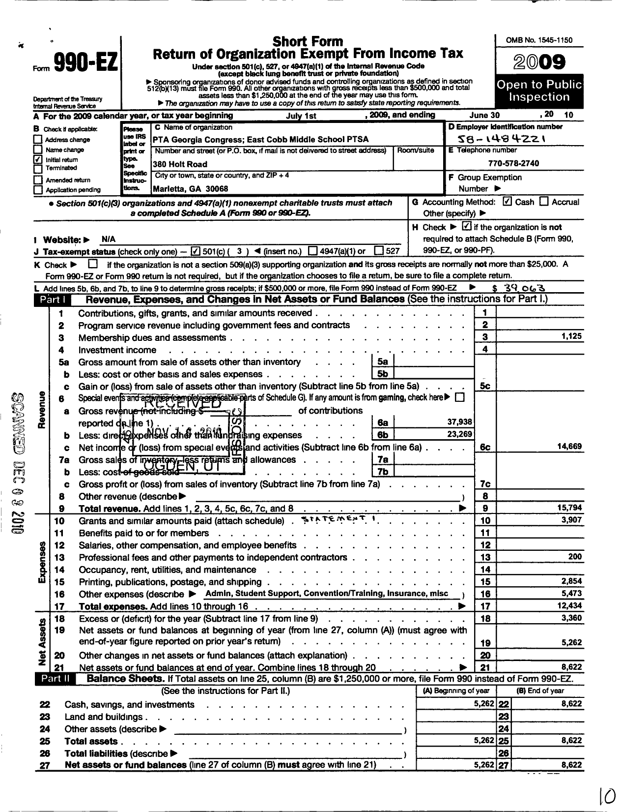 Image of first page of 2009 Form 990EZ for Georgia PTA - East Cobb MS Ptsa