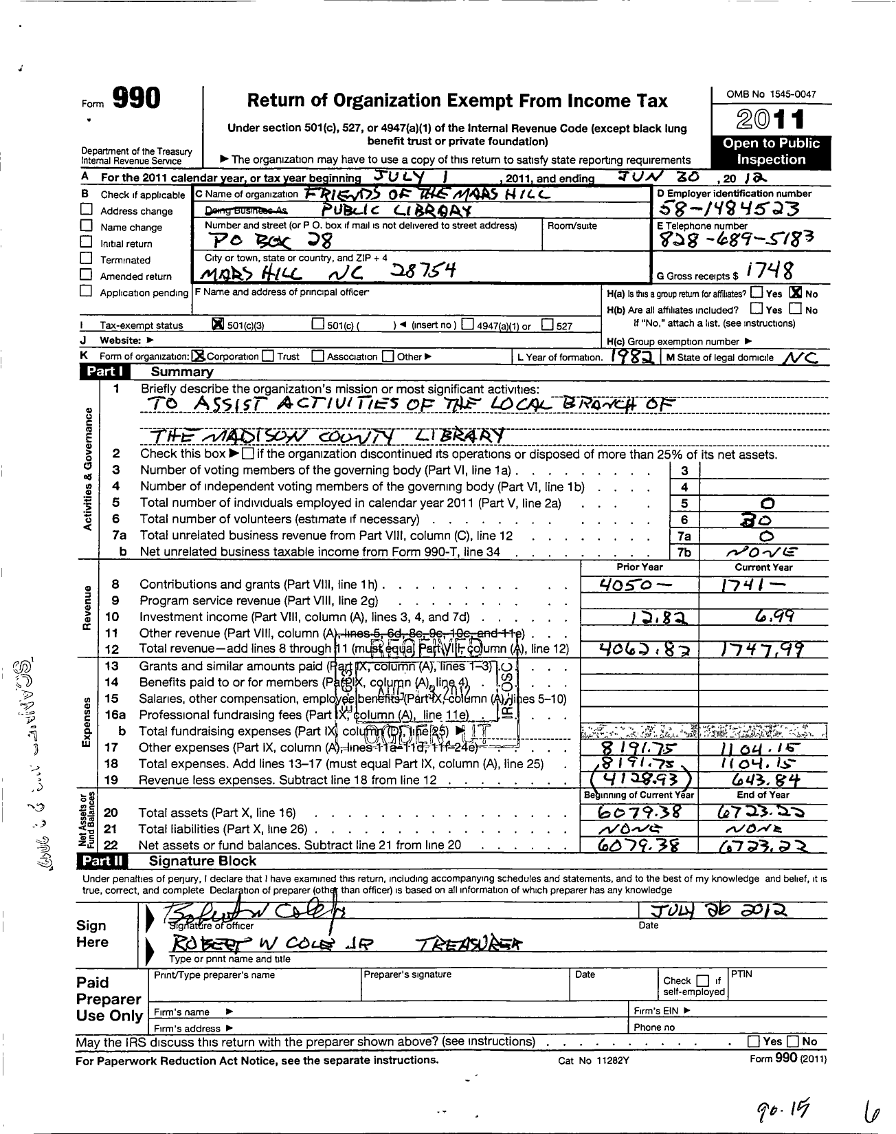 Image of first page of 2011 Form 990 for Friends of the Mars Hill Public Library