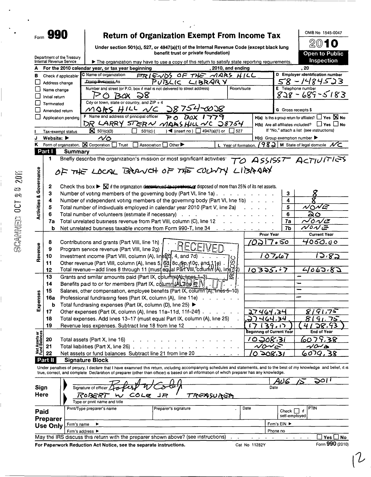 Image of first page of 2010 Form 990 for Friends of the Mars Hill Public Library