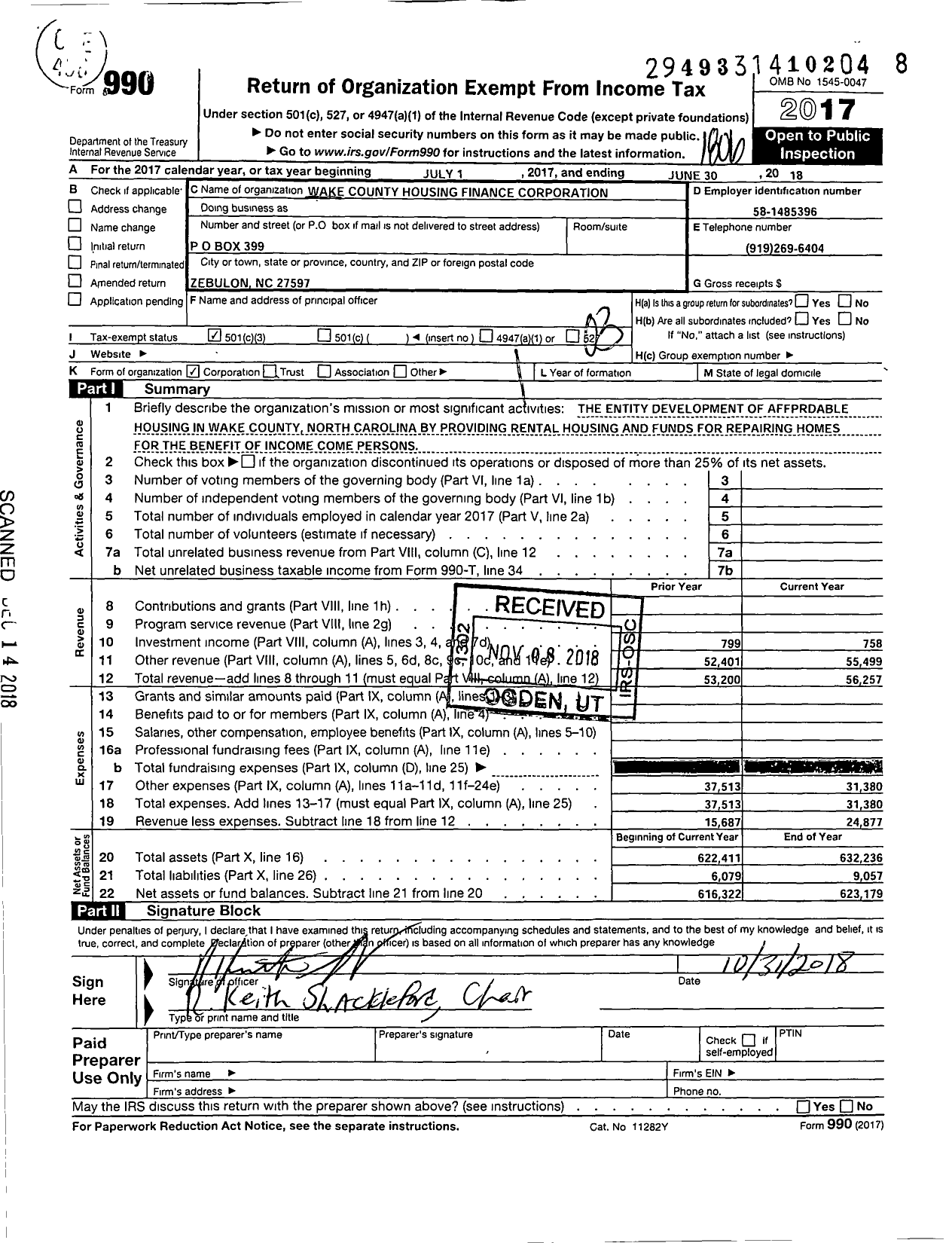 Image of first page of 2017 Form 990 for Wake County Housing Finance Corporation