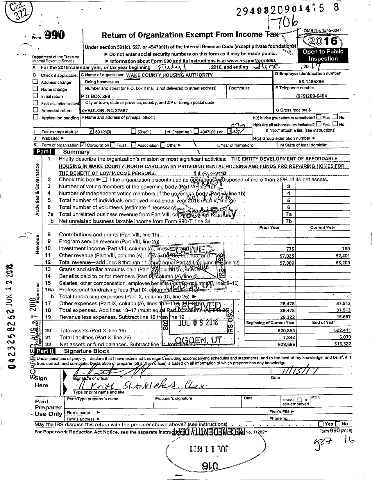 Image of first page of 2016 Form 990 for Wake County Housing Finance Corporation