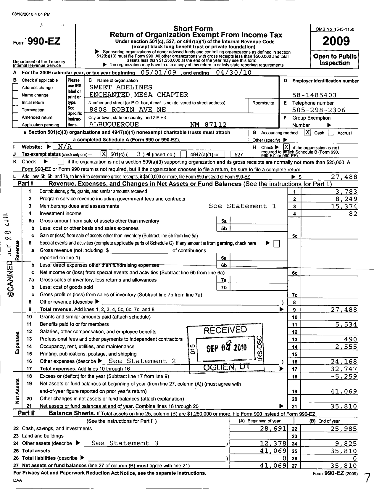 Image of first page of 2009 Form 990EZ for Sweet Adelines International - Enchanted Mesa Show