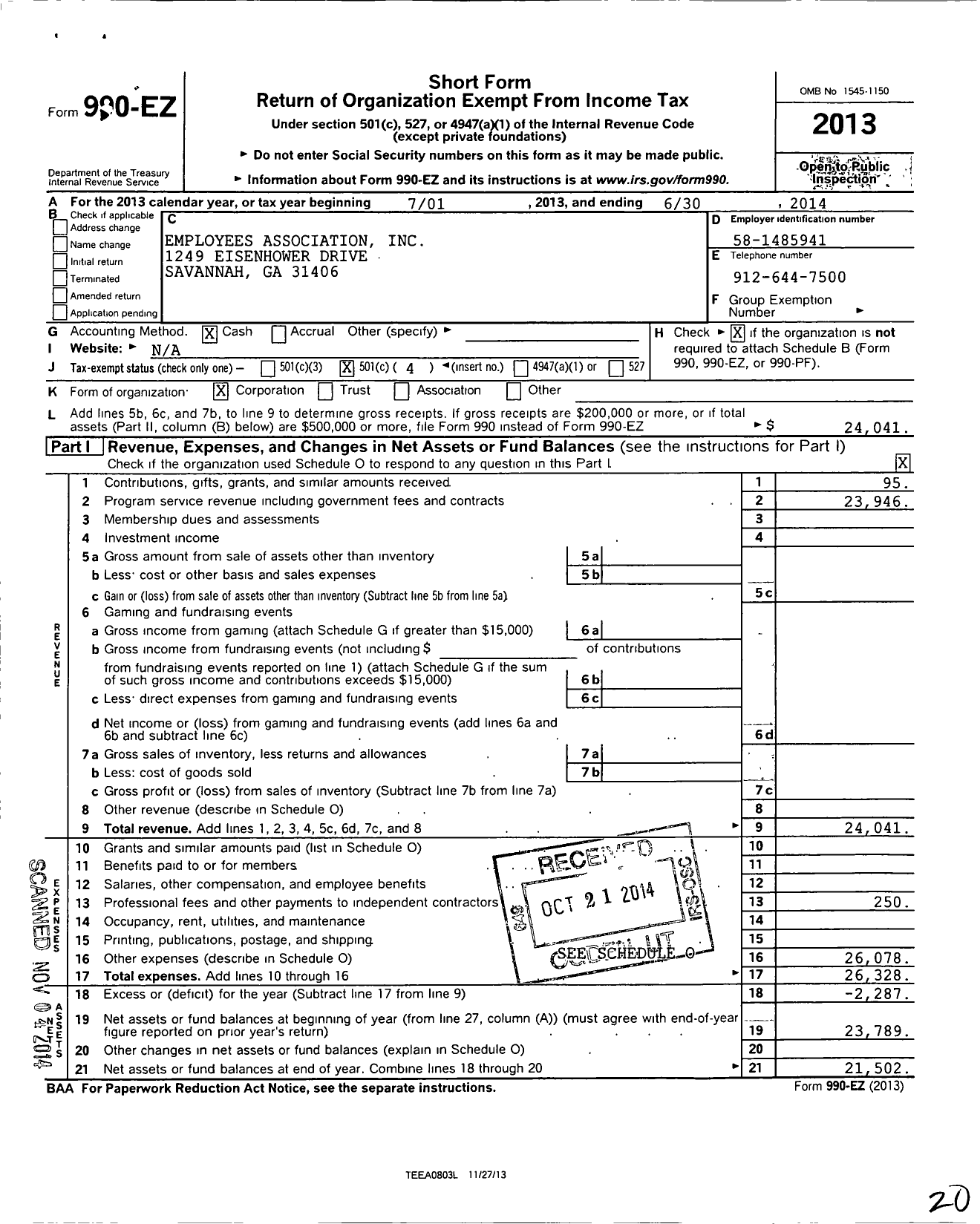 Image of first page of 2013 Form 990EO for Employees Association