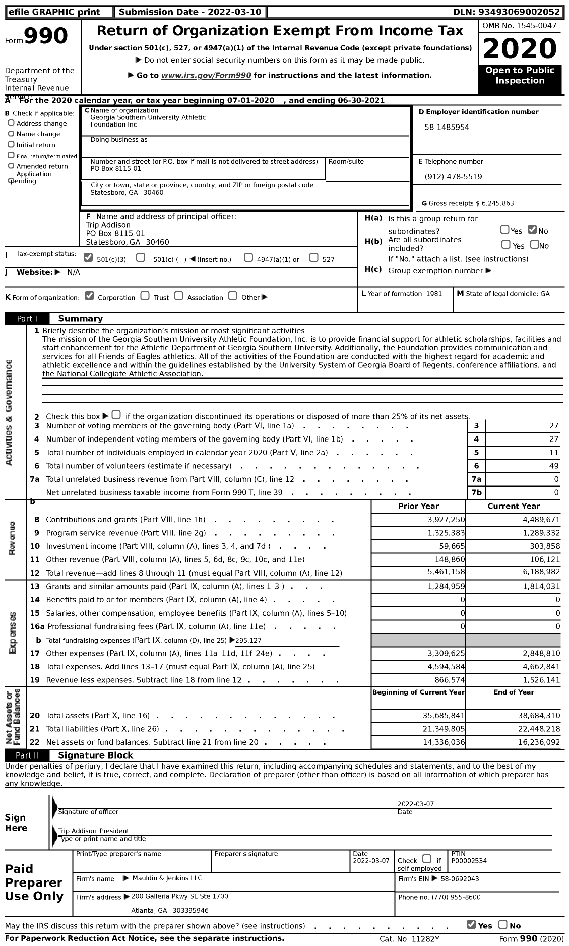 Image of first page of 2020 Form 990 for Georgia Southern University Athletic Foundation