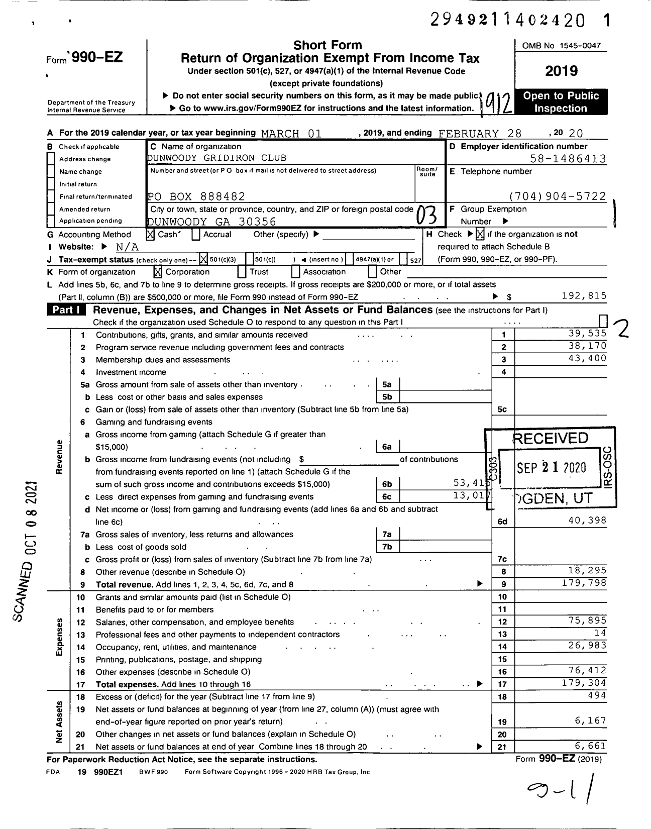 Image of first page of 2019 Form 990EZ for Dunwoody Gridiron Club