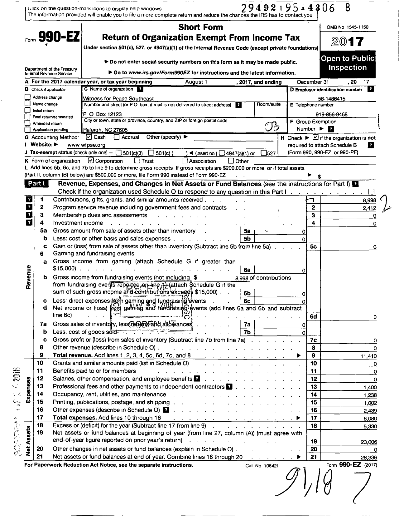 Image of first page of 2017 Form 990EZ for Witness for Peace Southeast