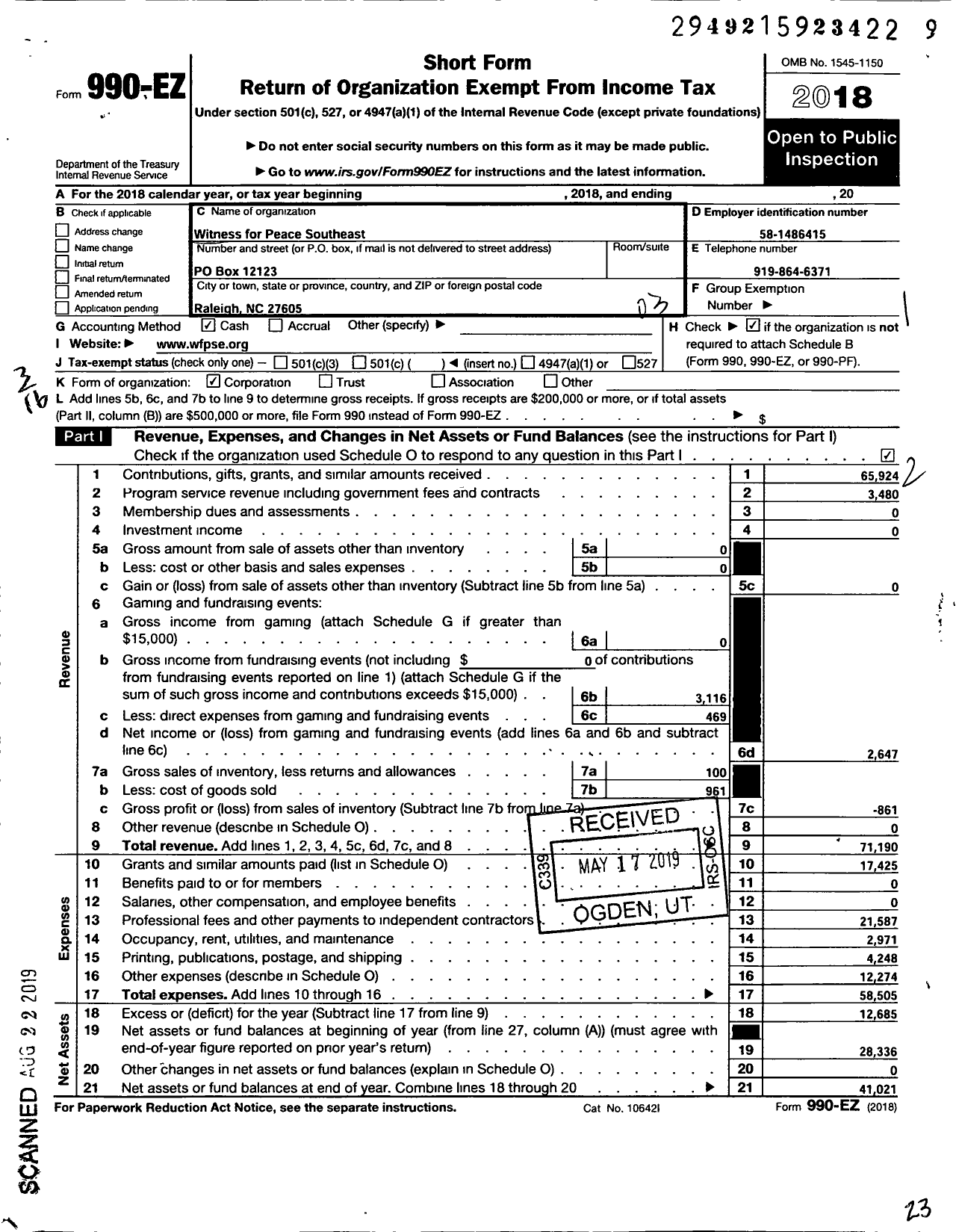 Image of first page of 2018 Form 990EZ for Witness for Peace Southeast