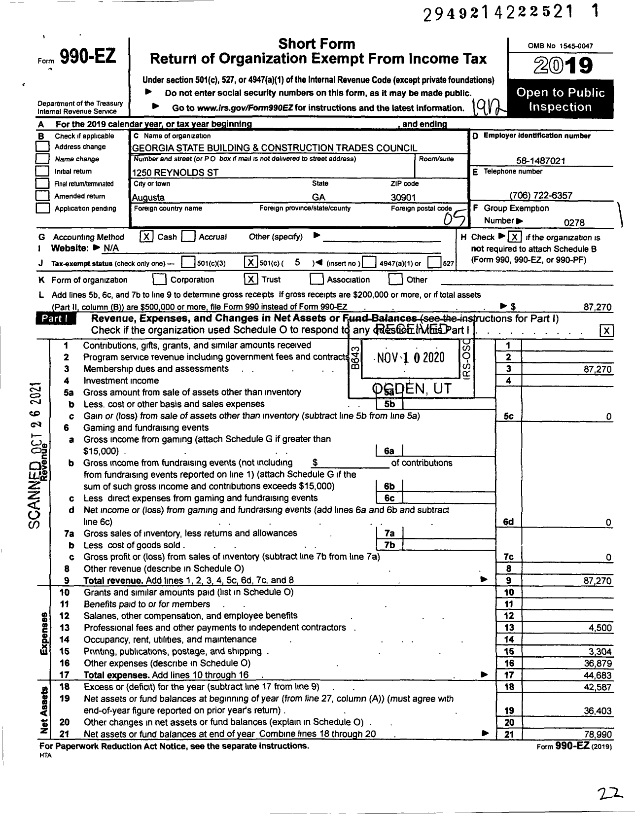 Image of first page of 2019 Form 990EO for Georgia State Building and Construction Trades Council