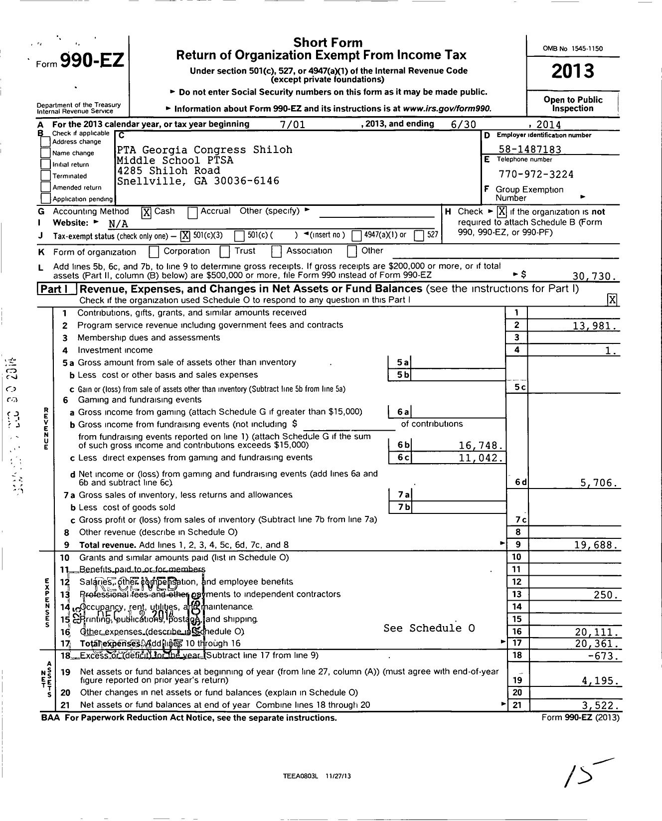 Image of first page of 2013 Form 990EZ for Georgia PTA - Shiloh MS PTSA