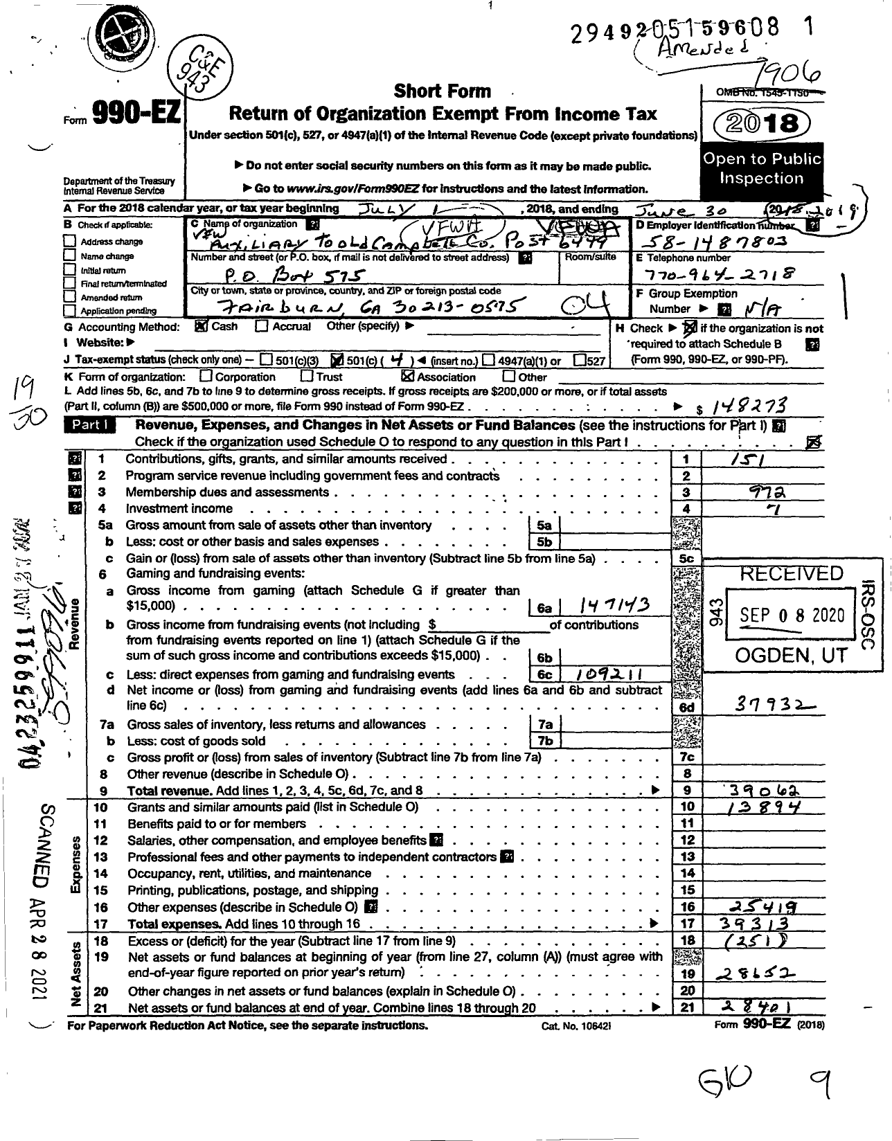 Image of first page of 2018 Form 990EO for Dept of Georgia Ladies Auxiliary To the VFW of the United States - 6449 Old Campbell County Auxiliary