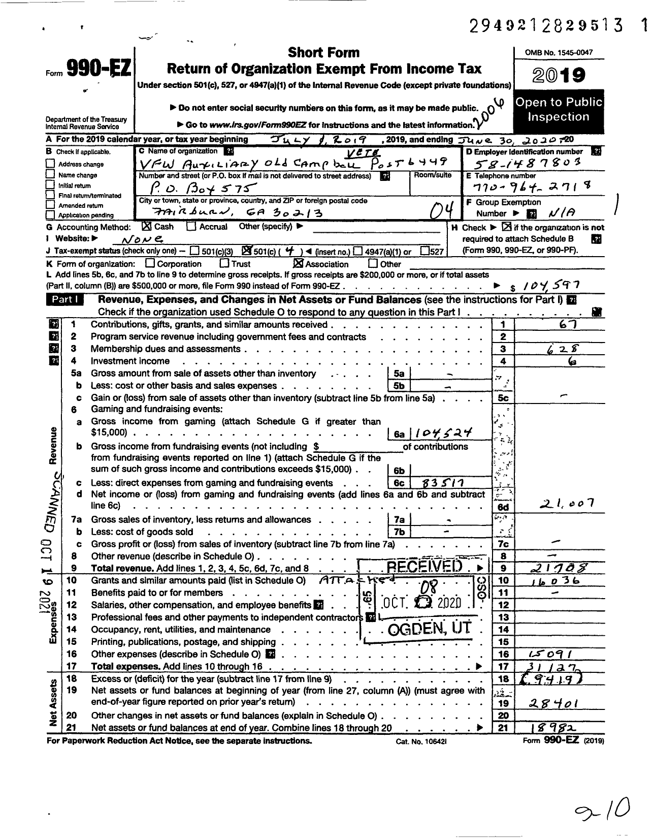 Image of first page of 2019 Form 990EO for Dept of Georgia Ladies Auxiliary To the VFW of the United States - 6449 Old Campbell County Auxiliary