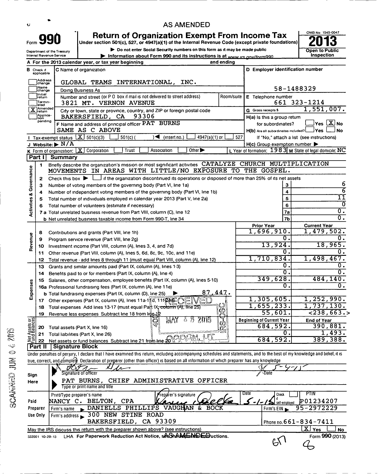 Image of first page of 2013 Form 990 for Global Teams International