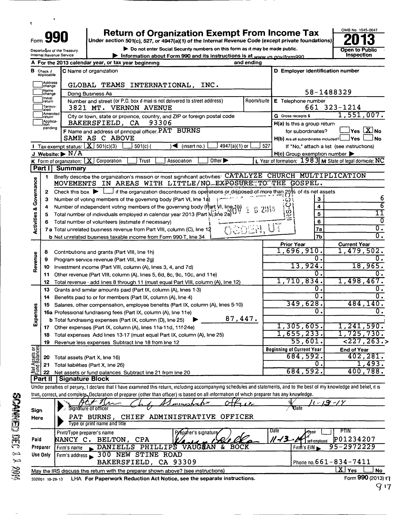 Image of first page of 2013 Form 990 for Global Teams International