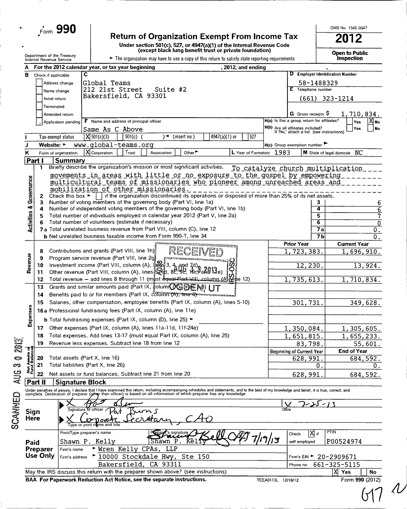 Image of first page of 2012 Form 990 for Global Teams International