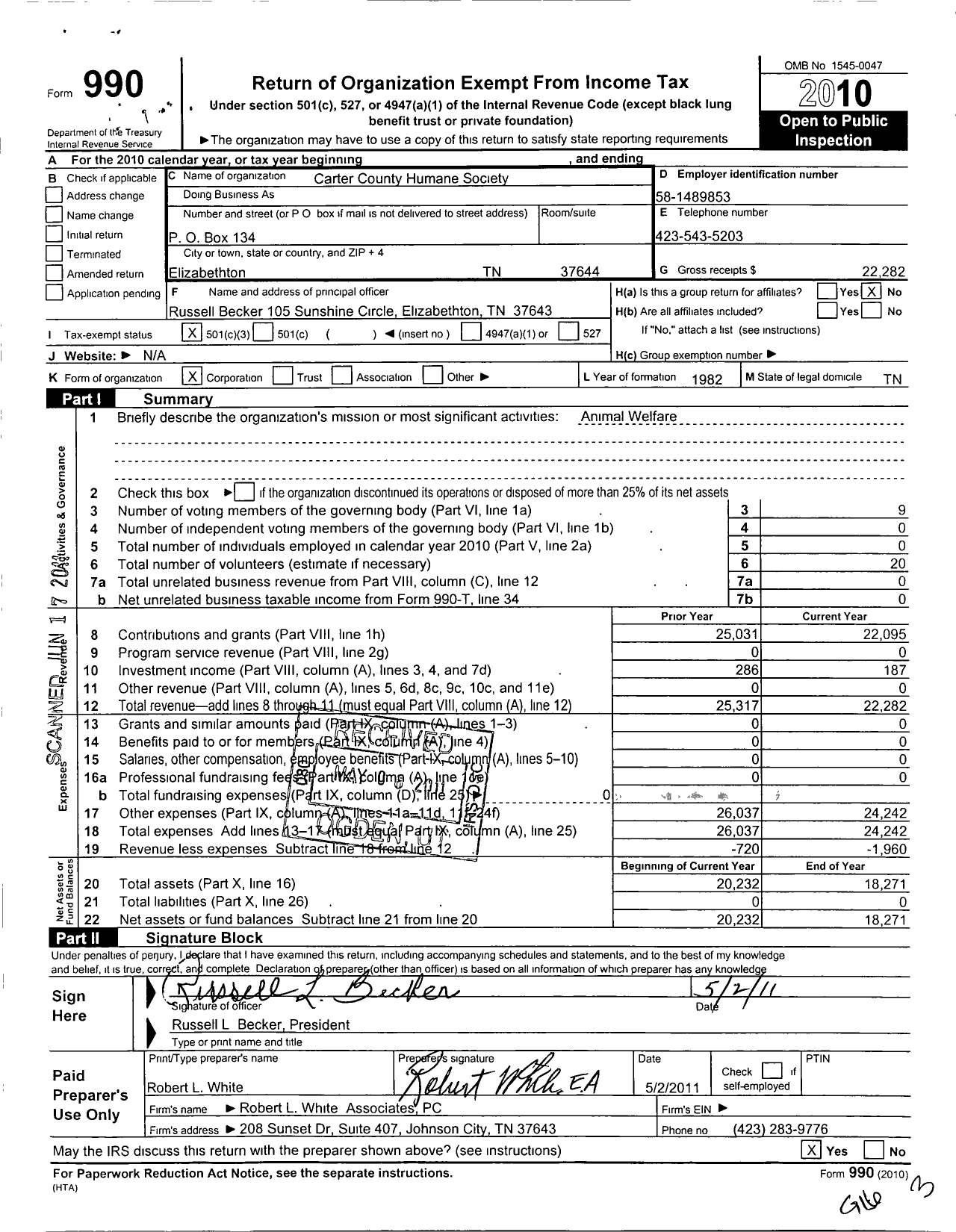 Image of first page of 2010 Form 990 for Carter County Humane Society