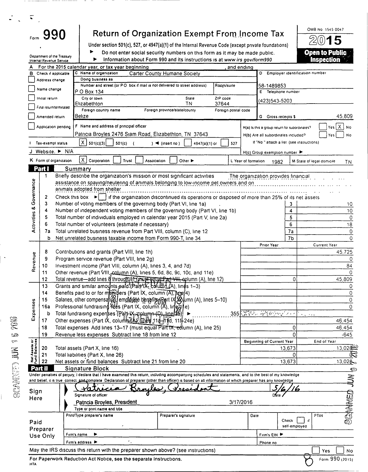 Image of first page of 2015 Form 990 for Carter County Humane Society