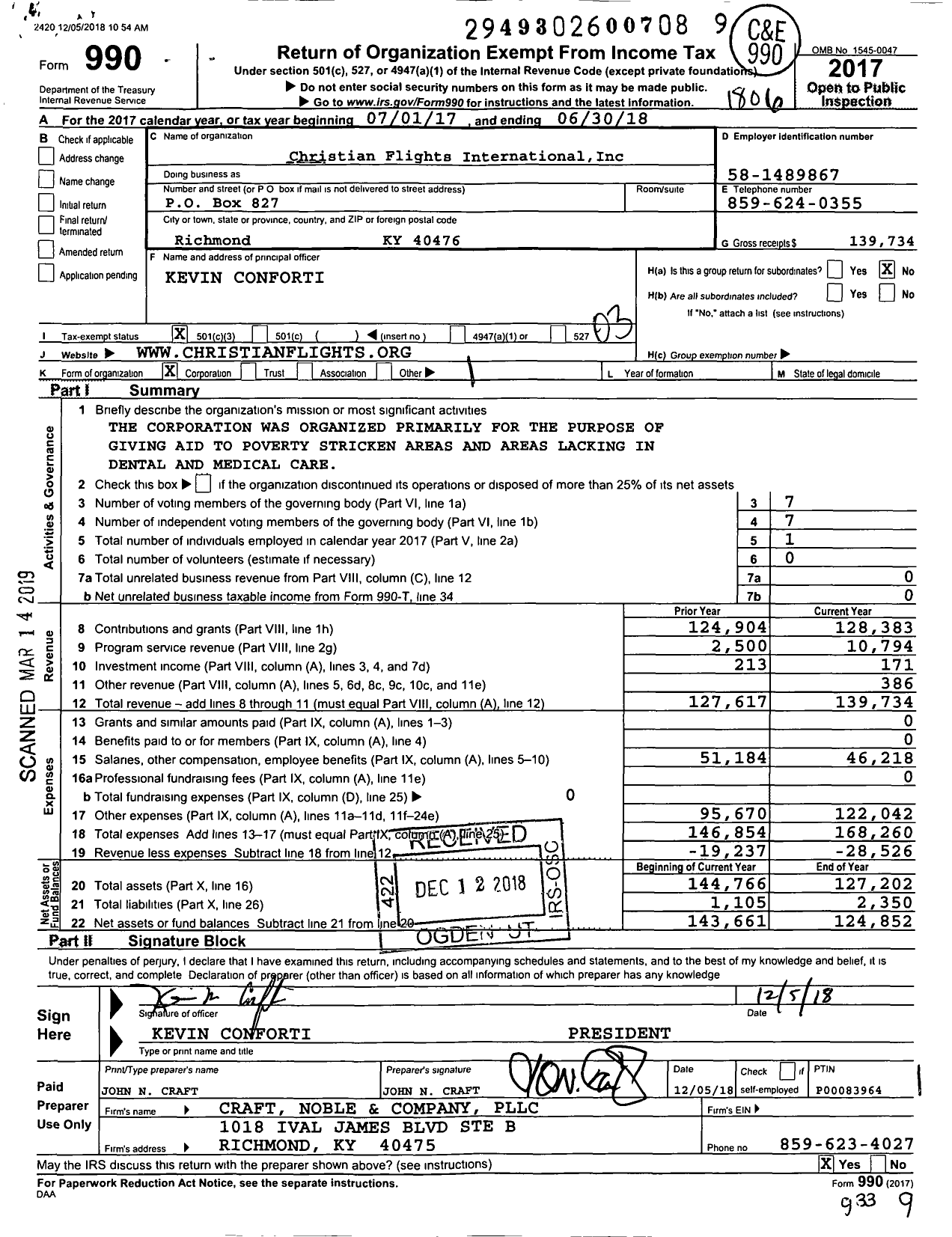 Image of first page of 2017 Form 990 for Christian Flights International