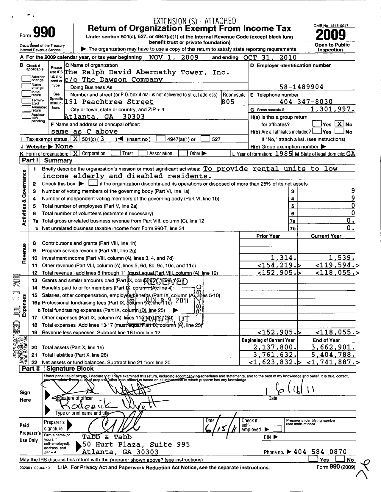 Image of first page of 2009 Form 990 for Ralph David Abernathy Tower