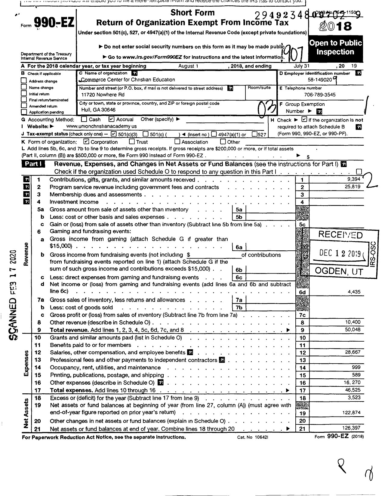 Image of first page of 2018 Form 990EZ for Commerce Center for Christian Education