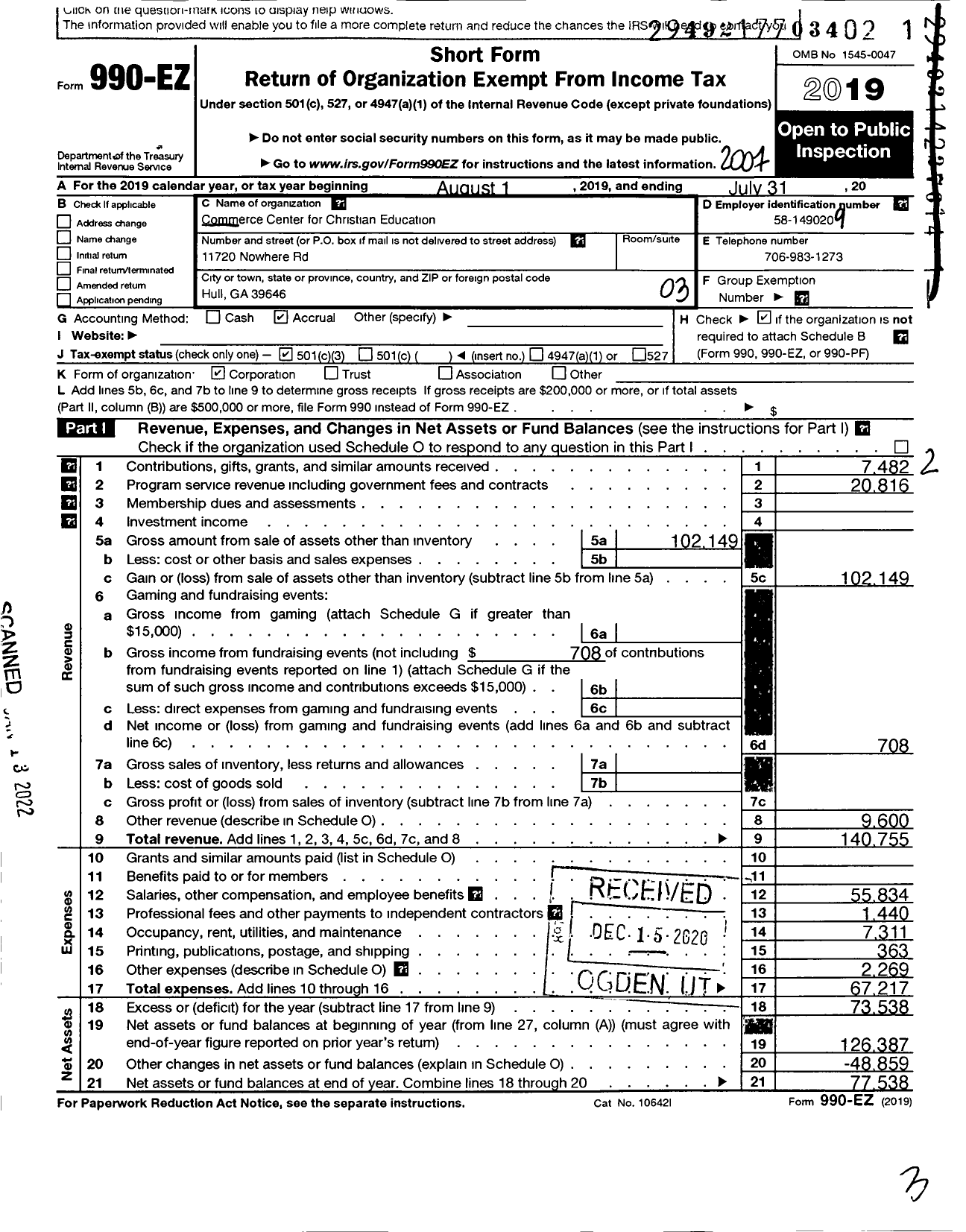 Image of first page of 2019 Form 990EZ for Commerce Center for Christian Education