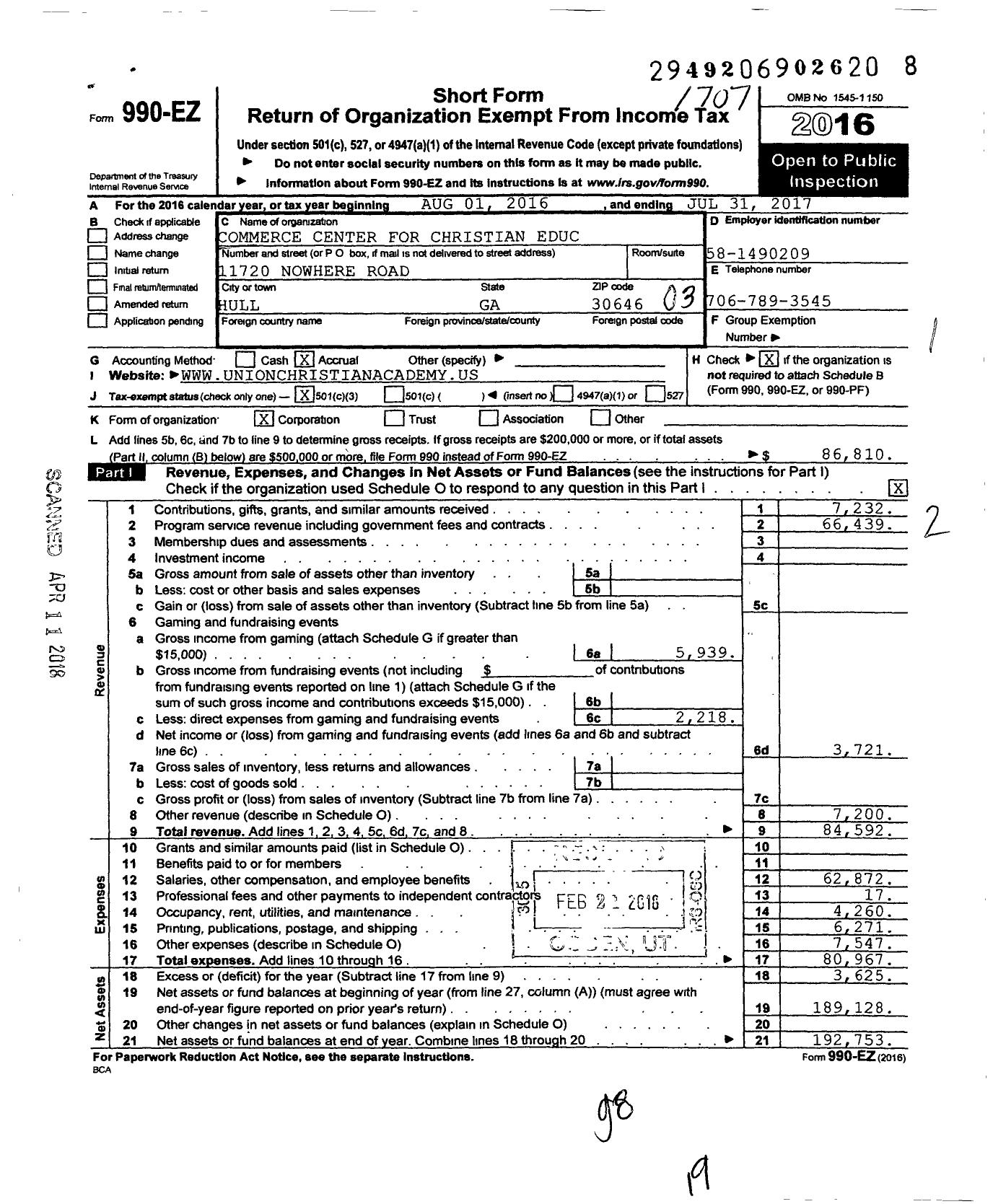 Image of first page of 2016 Form 990EZ for Commerce Center for Christian Education