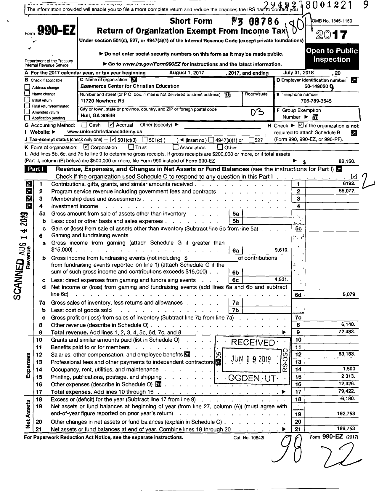 Image of first page of 2017 Form 990EZ for Commerce Center for Christian Education