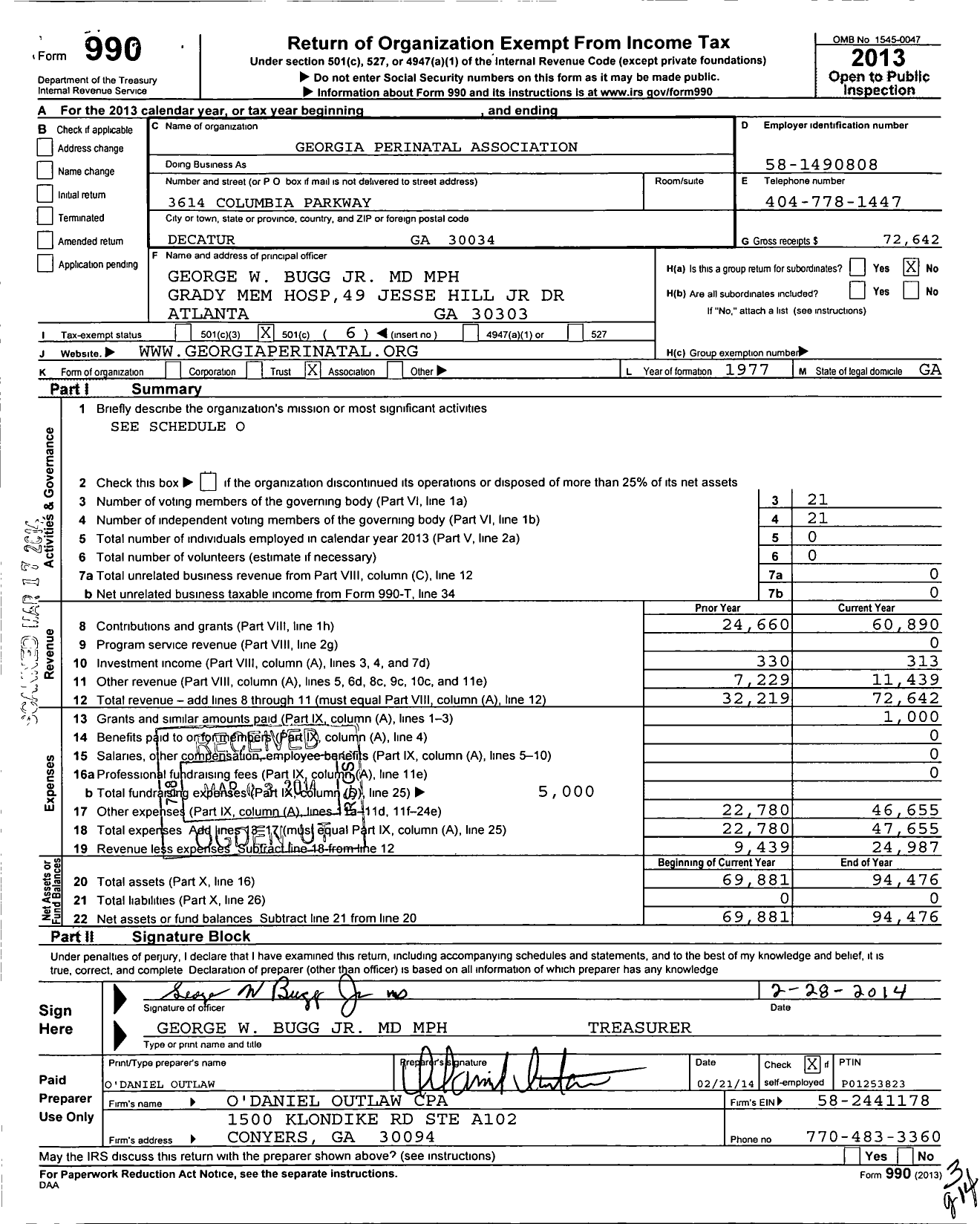 Image of first page of 2013 Form 990O for Georgia Perinatal Association