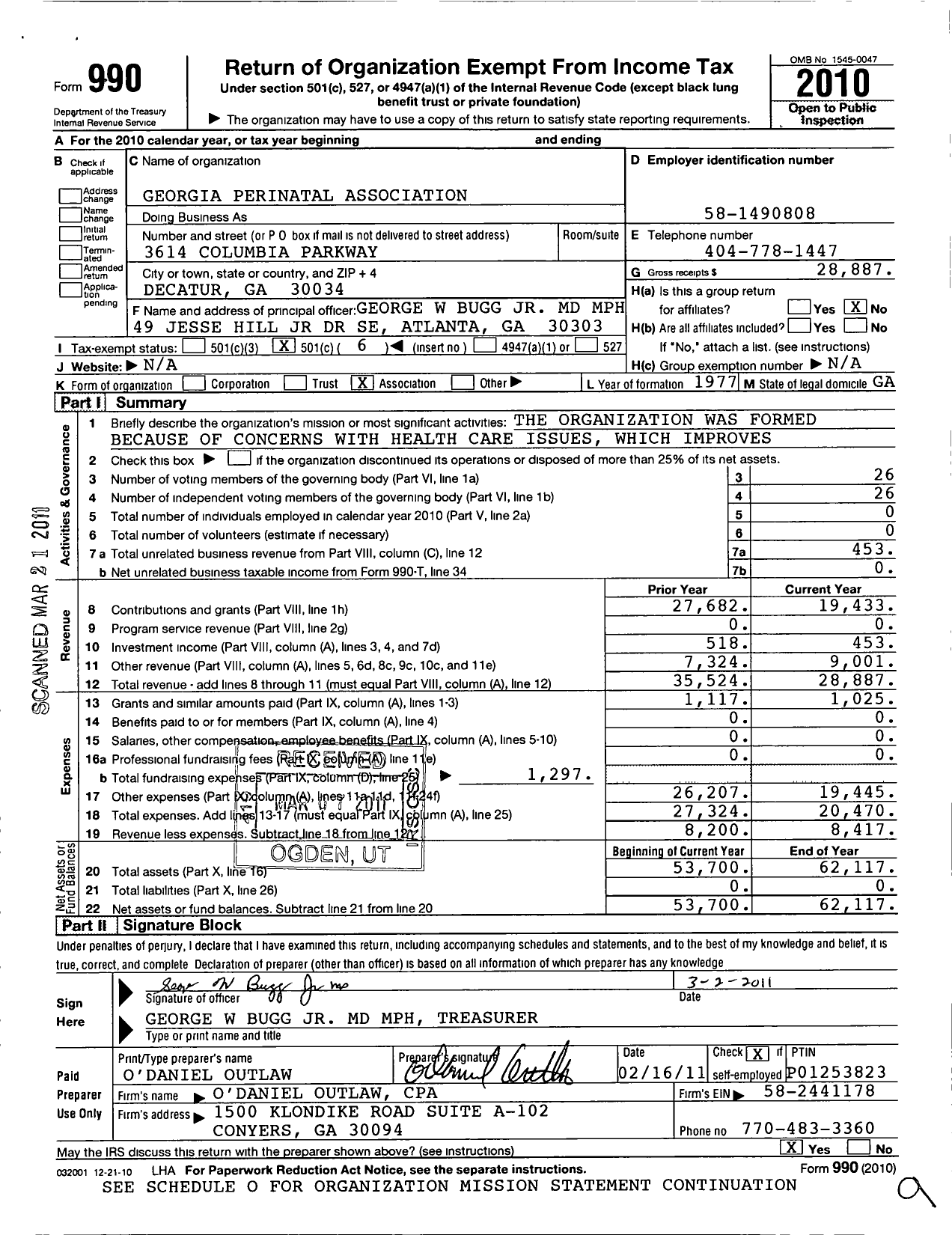 Image of first page of 2010 Form 990O for Georgia Perinatal Association